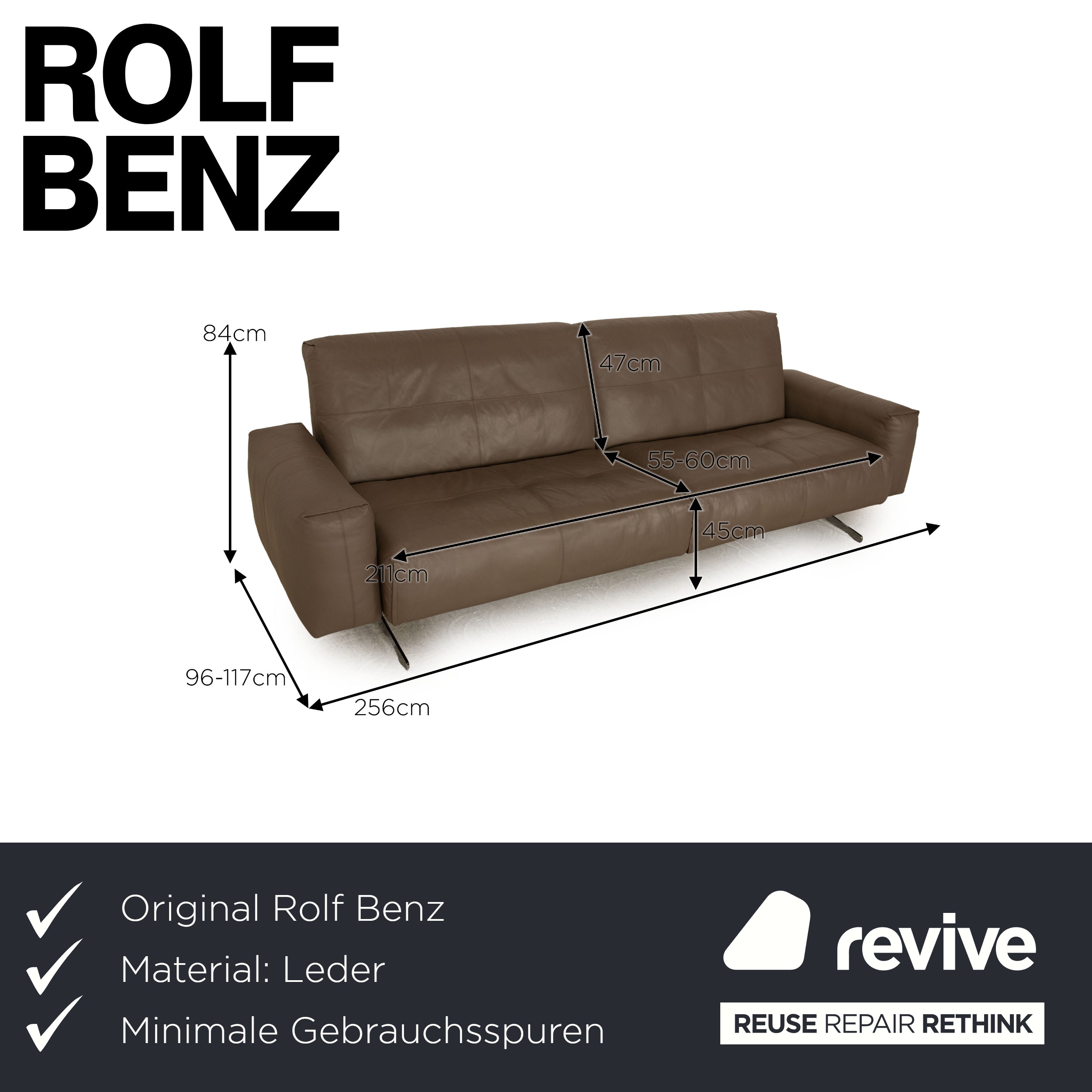 Rolf Benz 50 Leder Viersitzer Grau Taupe Sofa Couch manuelle Funktion