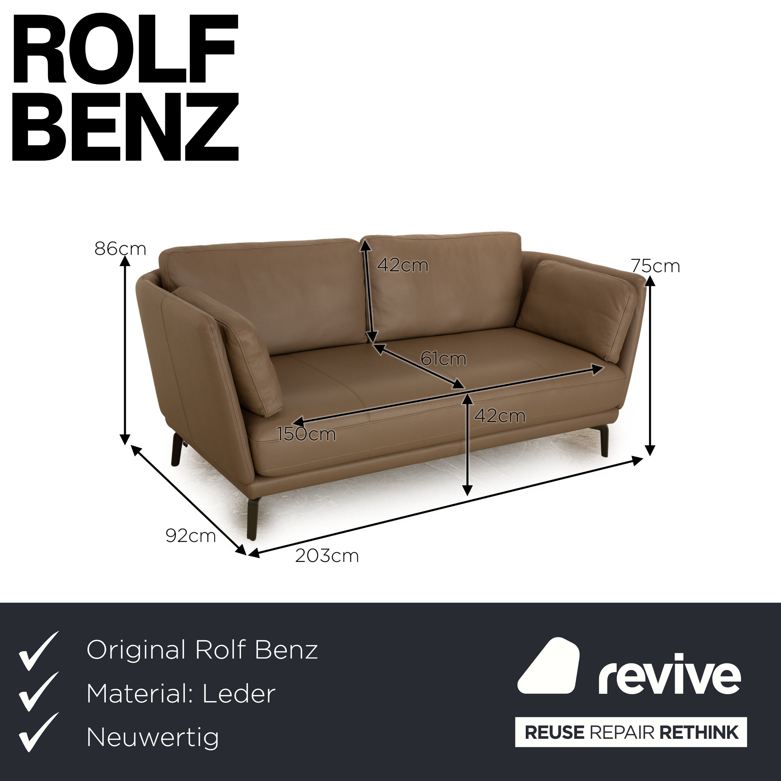 Rolf Benz 525 Rondo Leder Zweisitzer Grau Beige Sofa Couch