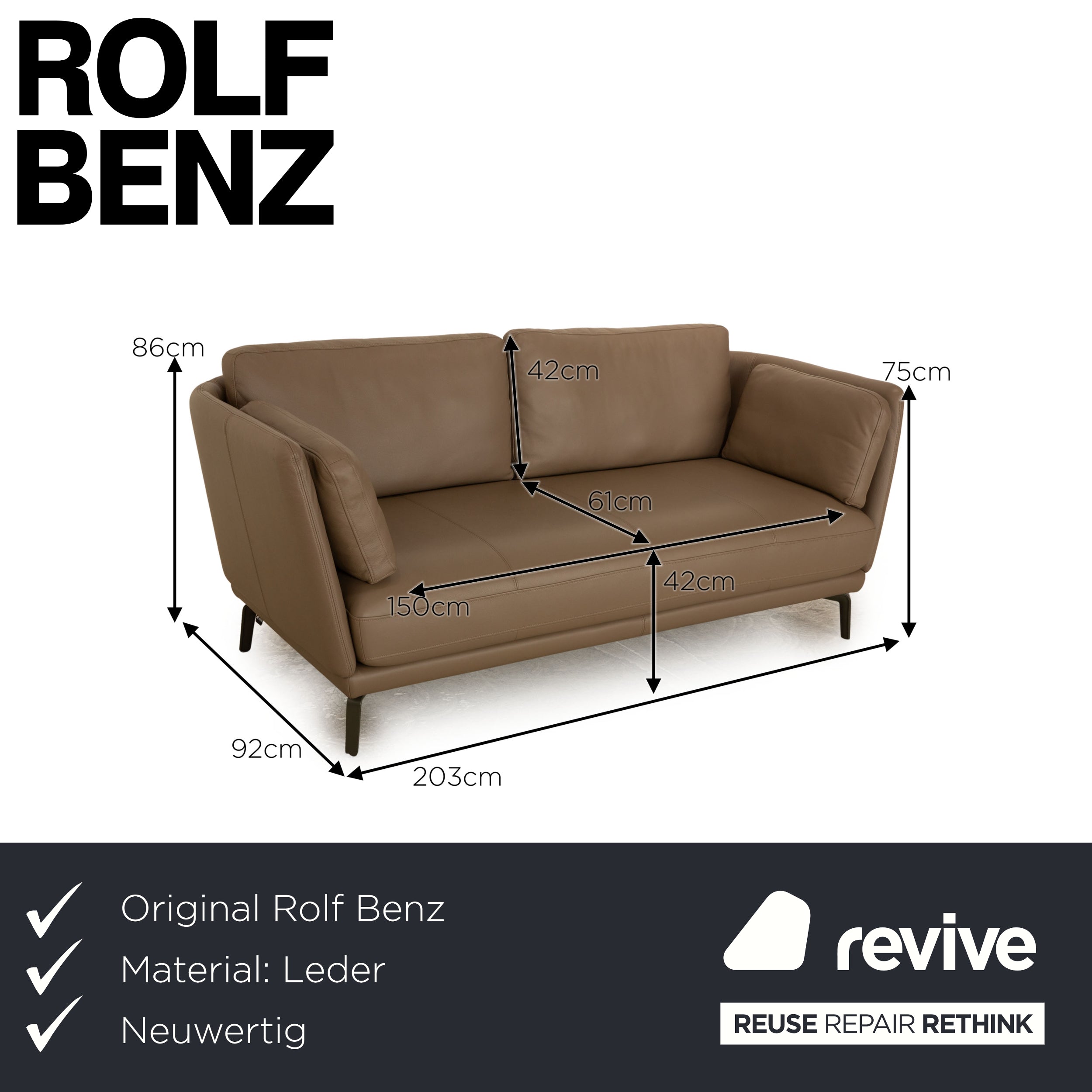 Rolf Benz 525 Rondo Leather Two Seater Gray Beige Sofa Couch