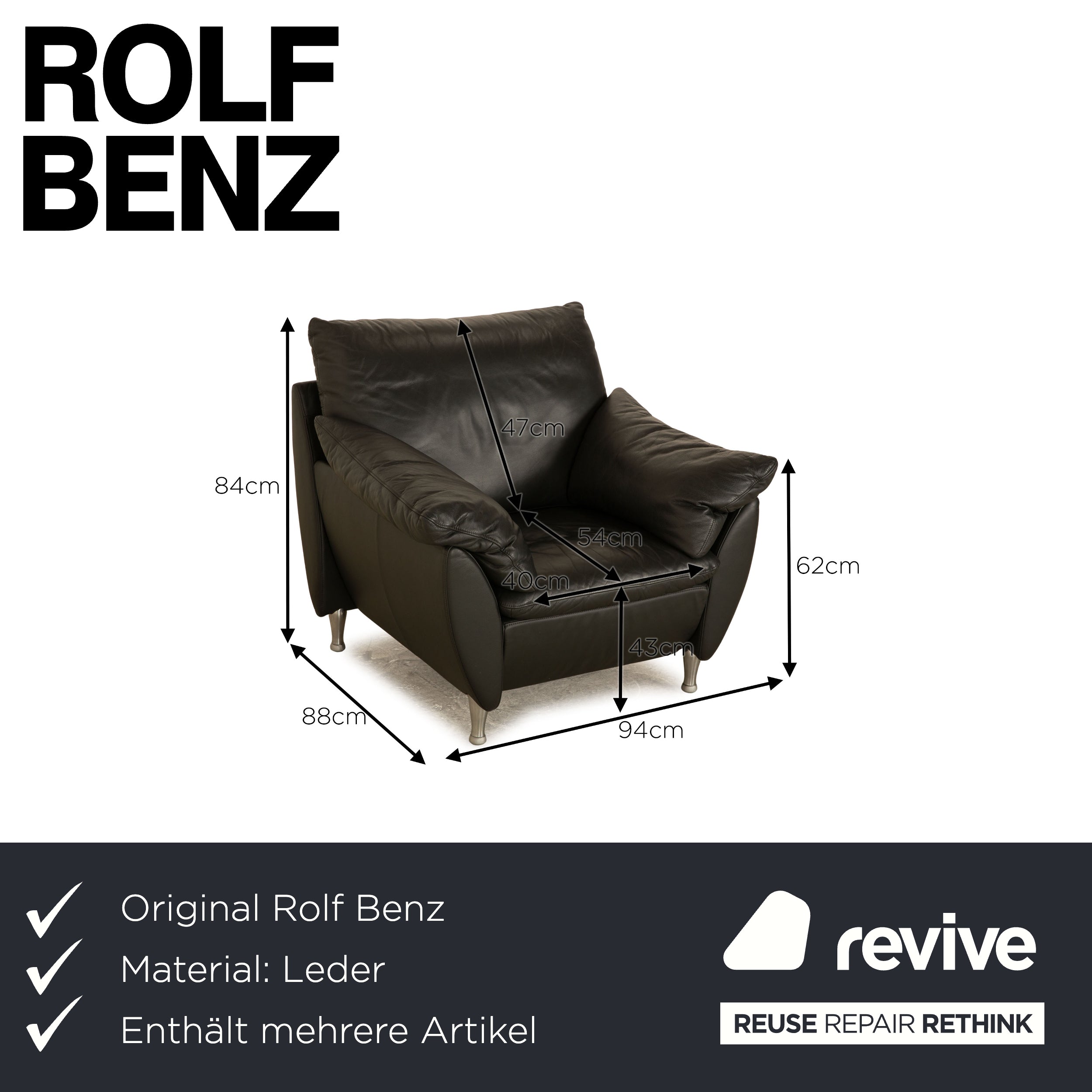 Rolf Benz 5600 leather sofa set anthracite dark grey three-seater 2x armchair couch