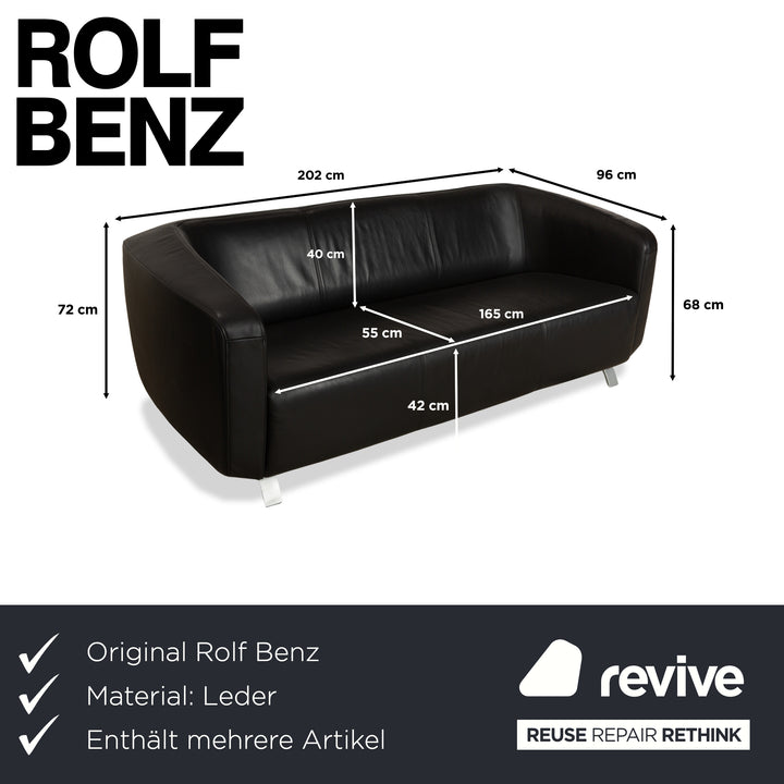 Rolf Benz 6000 Leather 1x Two-seater 1x Three-seater Black Sofa Couch