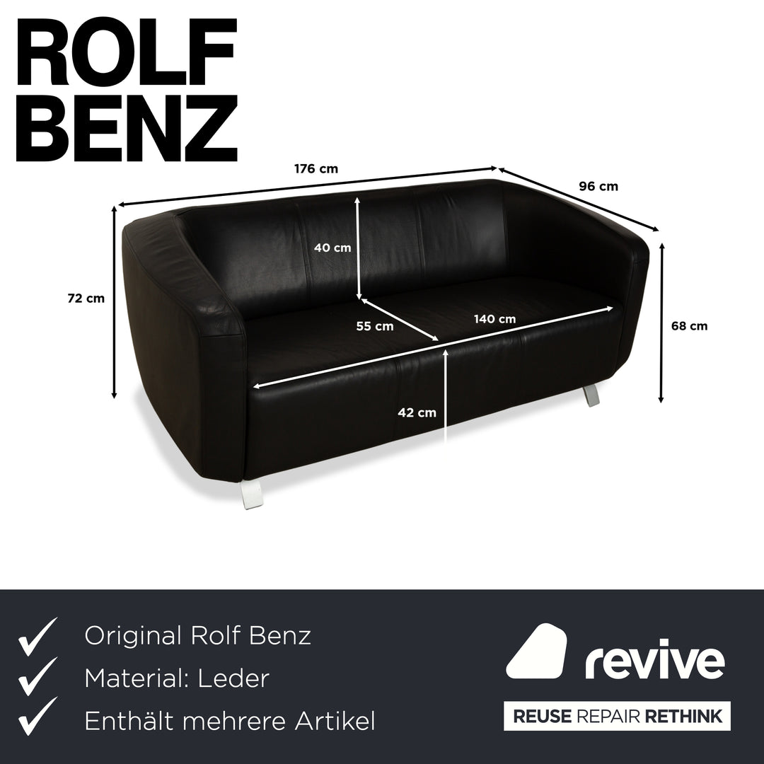 Rolf Benz 6000 Leather 1x Two-seater 1x Three-seater Black Sofa Couch