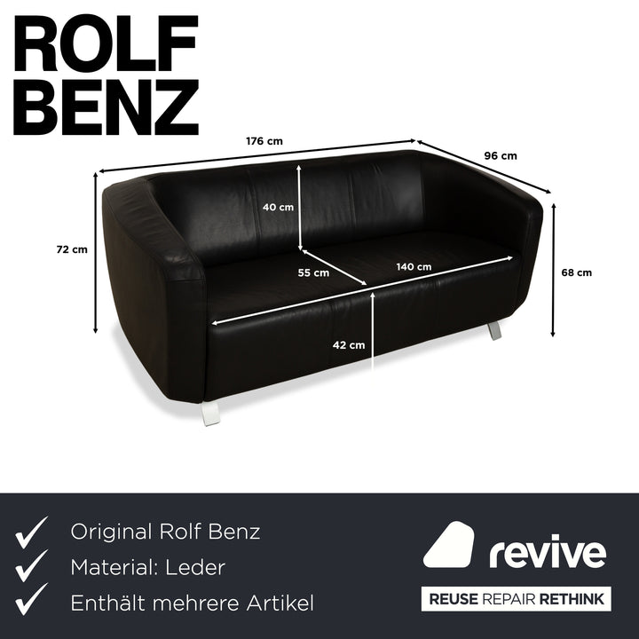 Rolf Benz 6000 Leather 1x Two-seater 1x Three-seater Black Sofa Couch