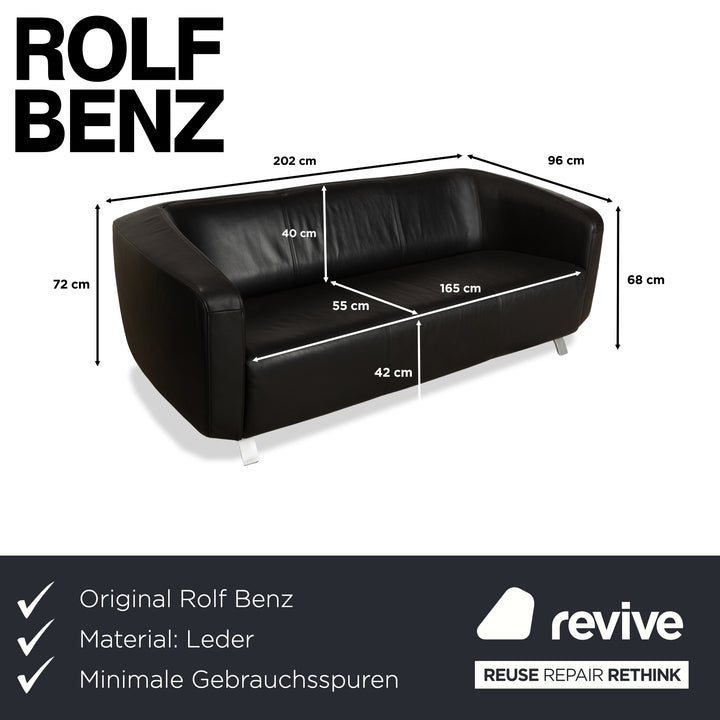 Rolf Benz 6000 Leather Three-Seater Black Sofa Couch