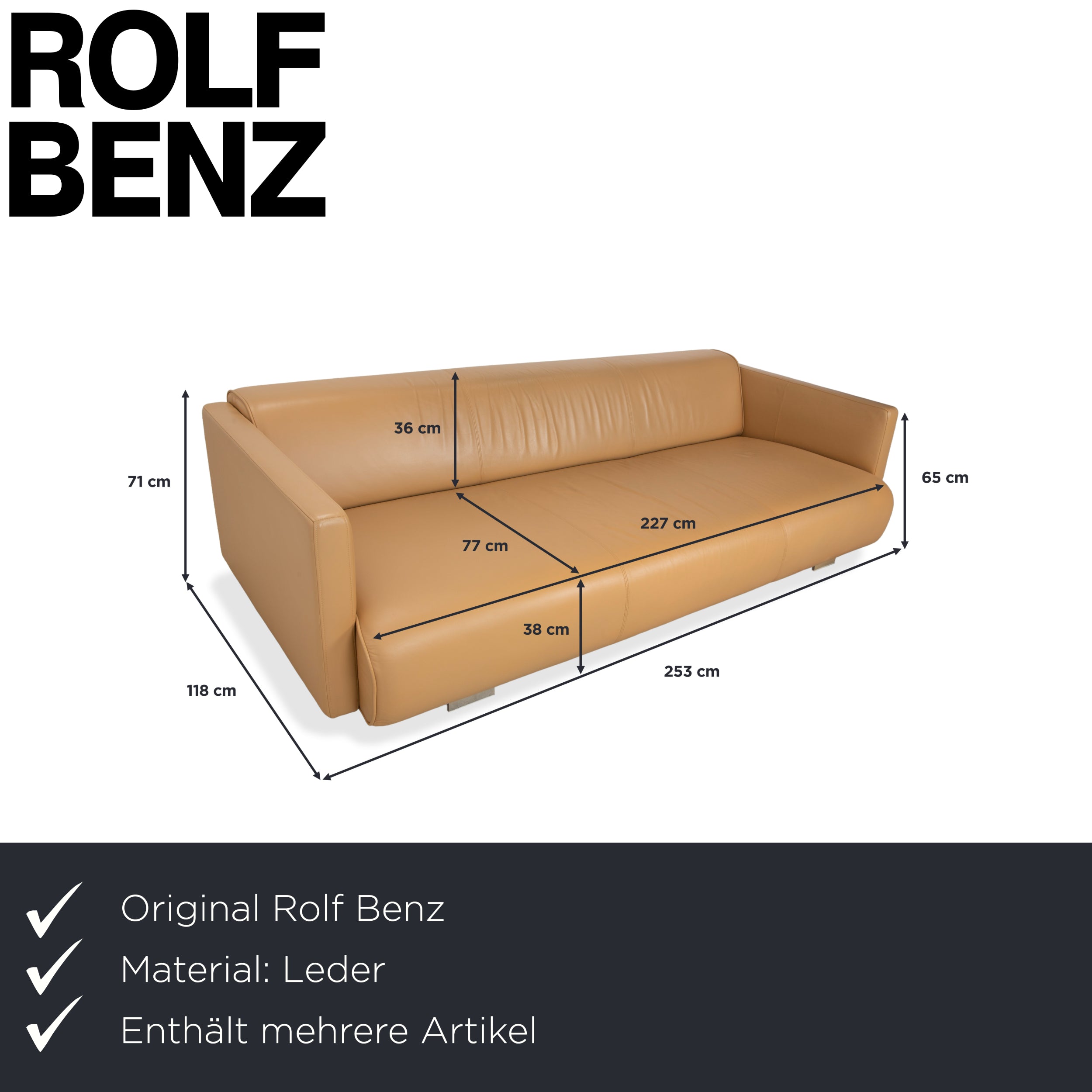 Rolf Benz 6300 Leder Dreisitzer Hocker Braun Beige Sand Camel Sofa Couch