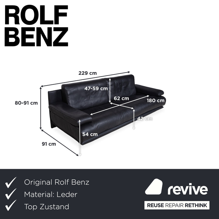 Rolf Benz 6500 Canapé 3 places en cuir noir avec fonction manuelle
