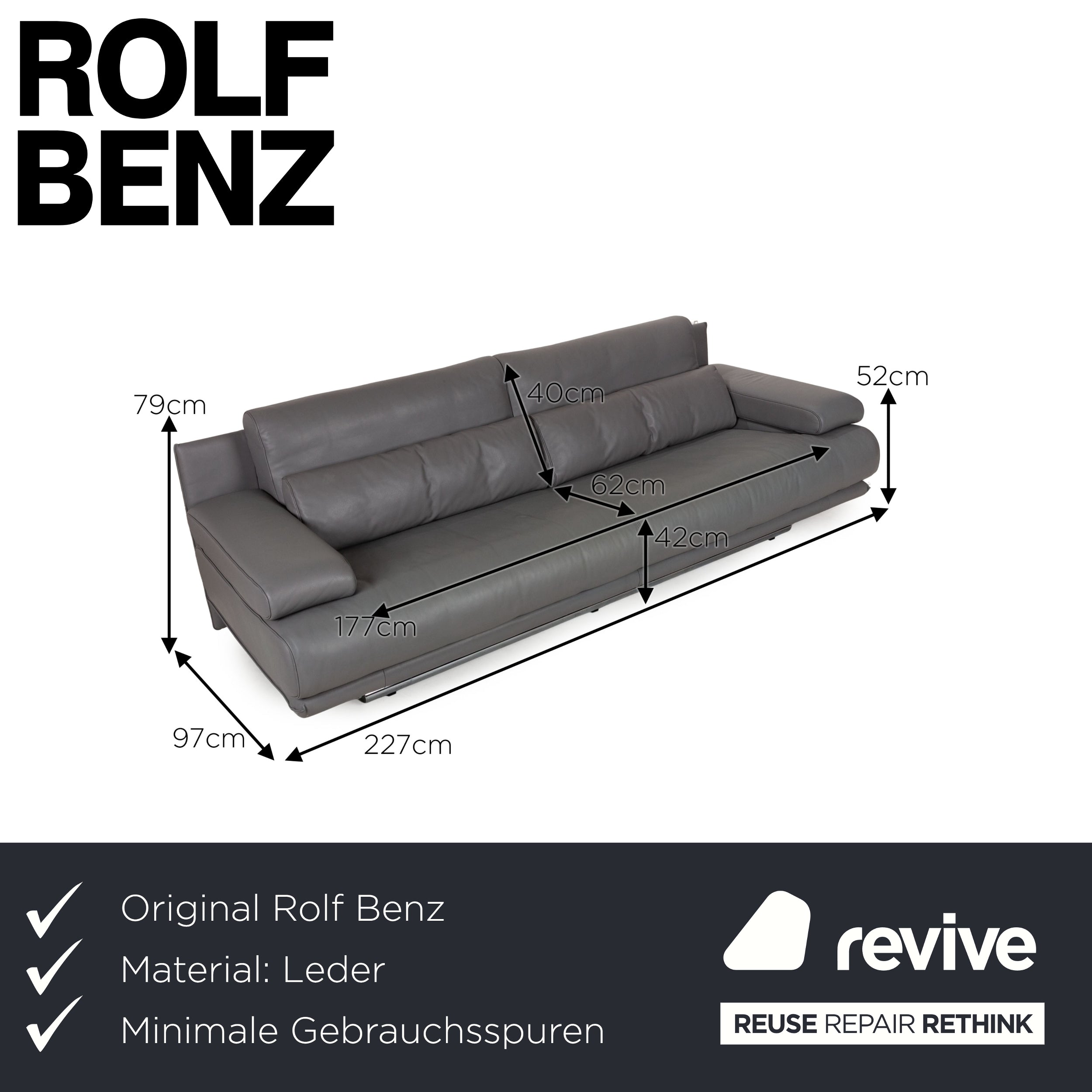 Rolf Benz 6500 Leder Dreisitzer Grau Sofa Couch