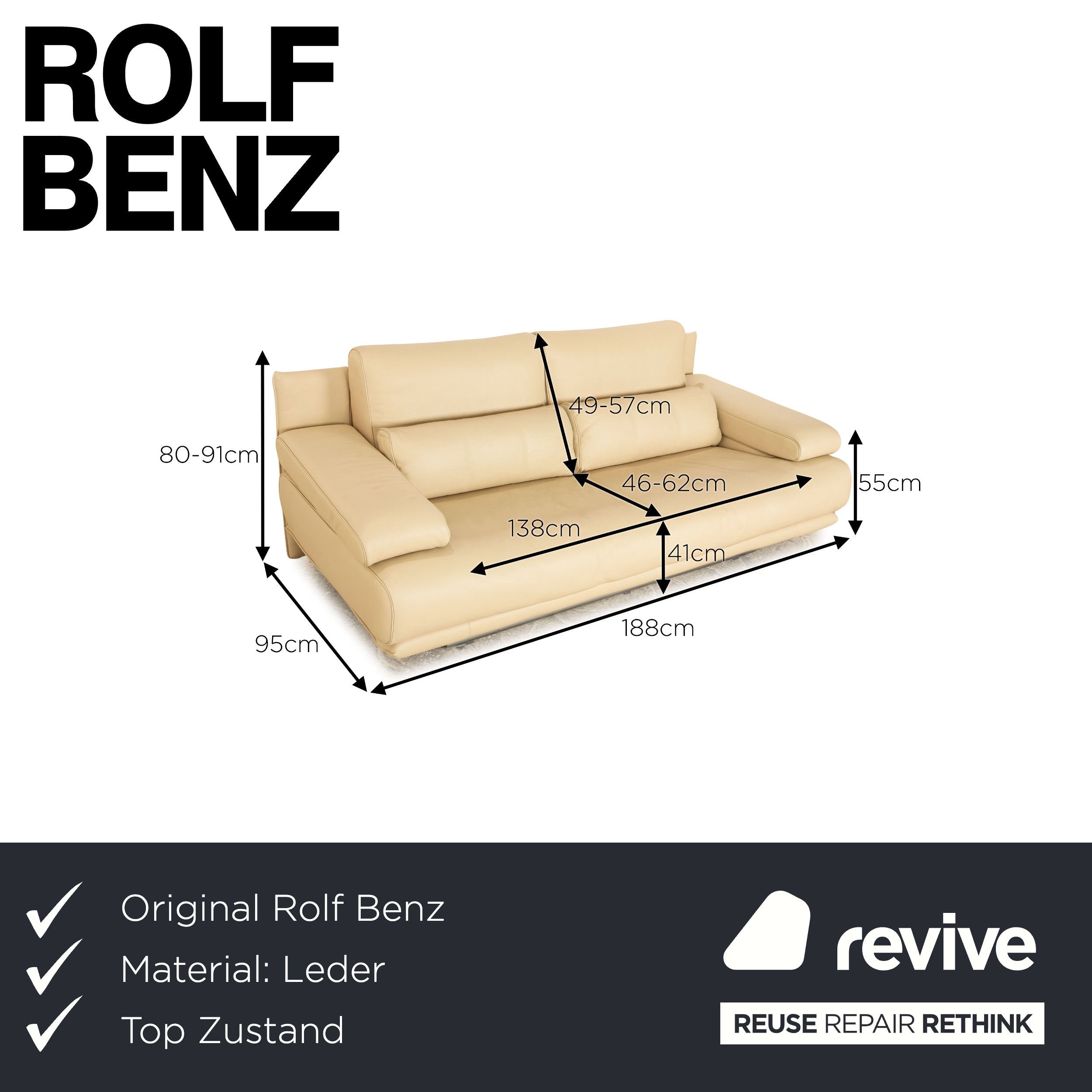 Rolf Benz 6500 leather two seater cream sofa couch manual function