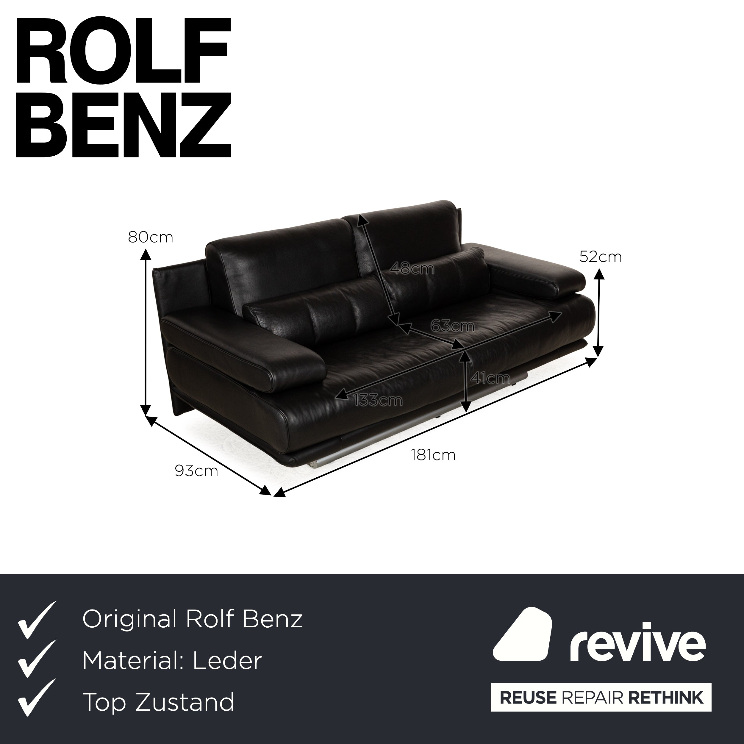 Rolf Benz 6500 Leder Zweisitzer Schwarz Sofa Couch