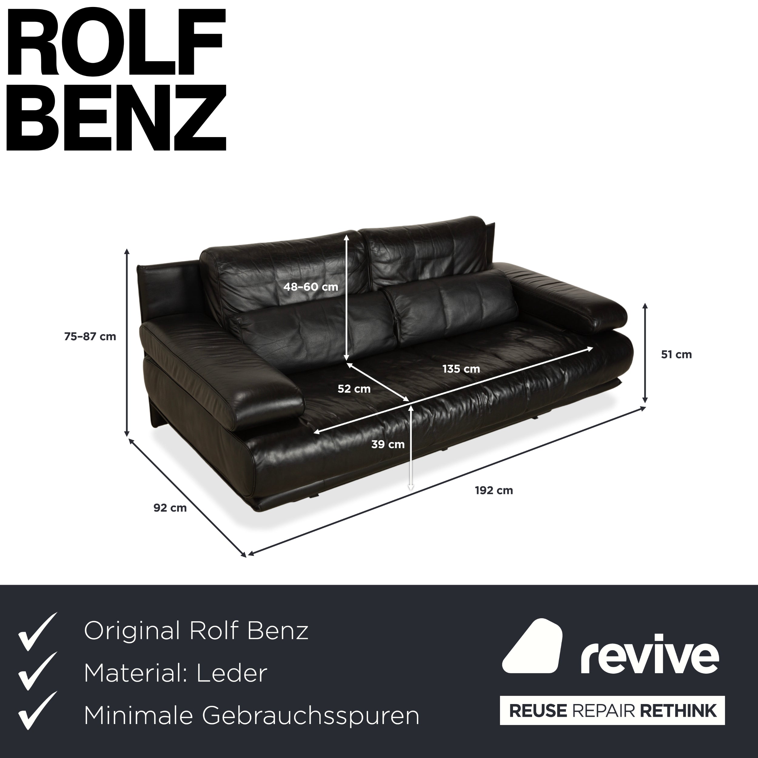 Rolf Benz 6500 Leder Zweisitzer Schwarz Sofa Couch manuelle Funktion