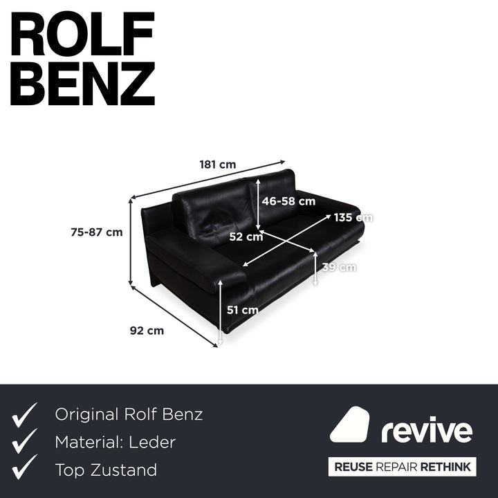 Rolf Benz 6500 Two-Seater Leather Sofa Black Couch Manual Function