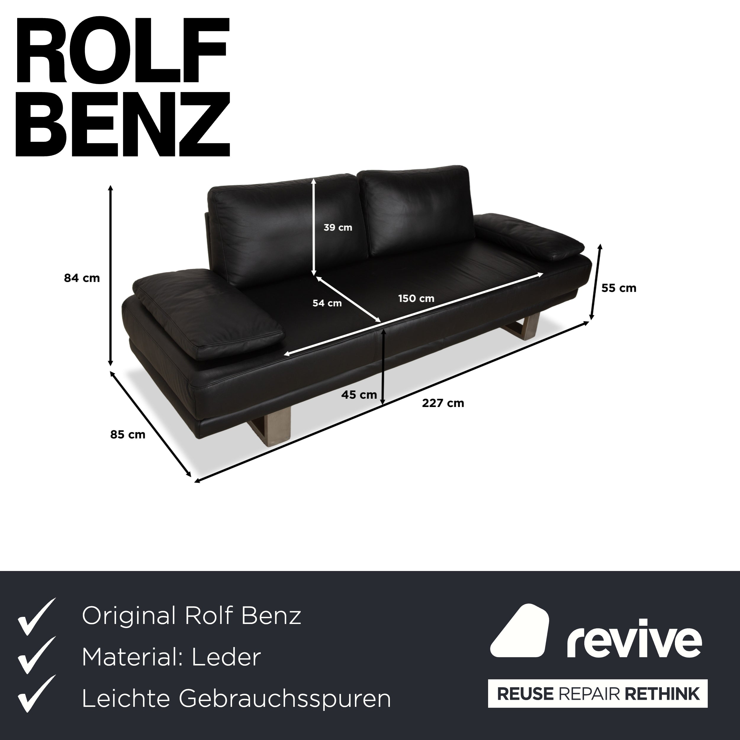 Canapé trois places en cuir noir Rolf Benz 6600