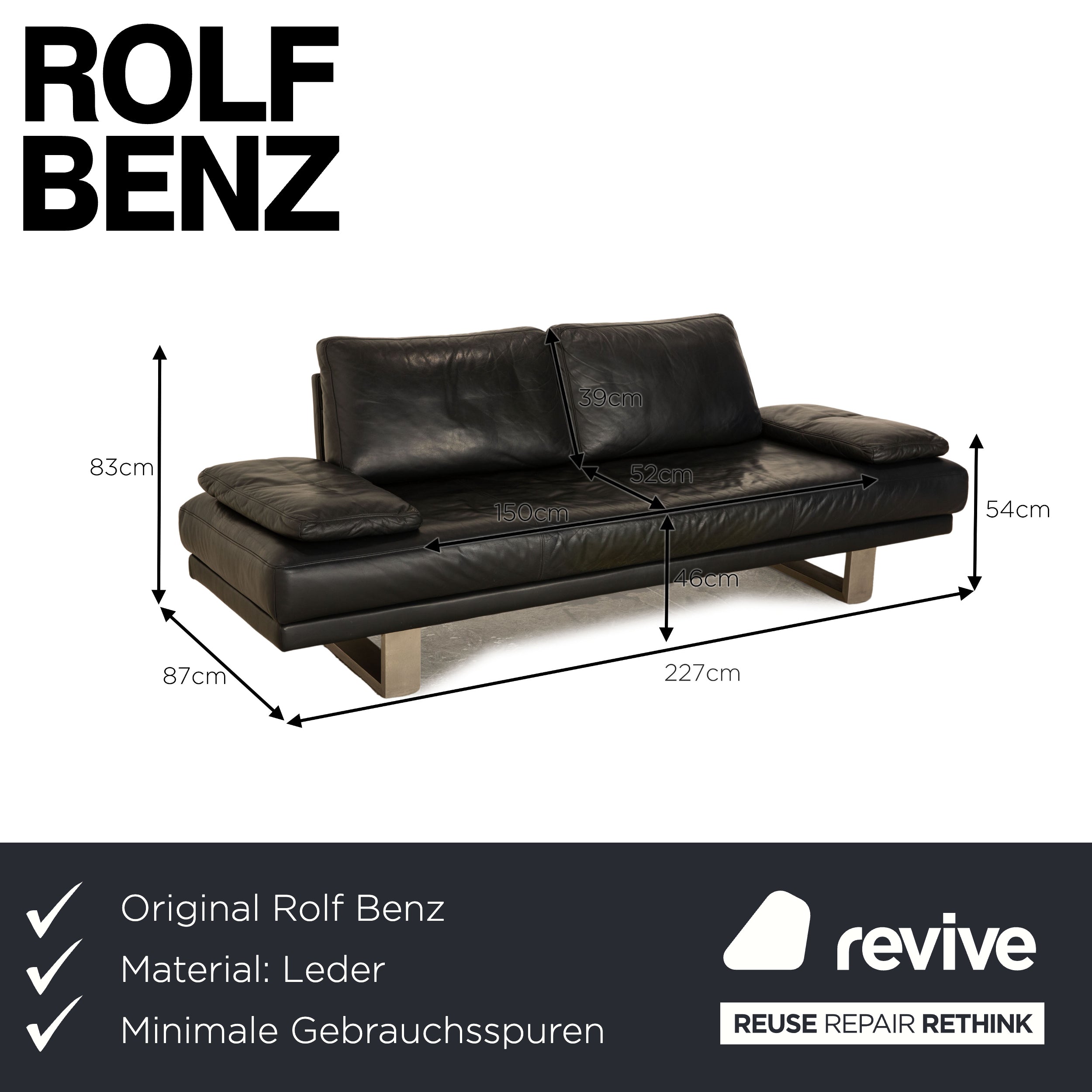 Rolf Benz 6600 Leder Sofa Blau Schwarz Dreisitzer Couch