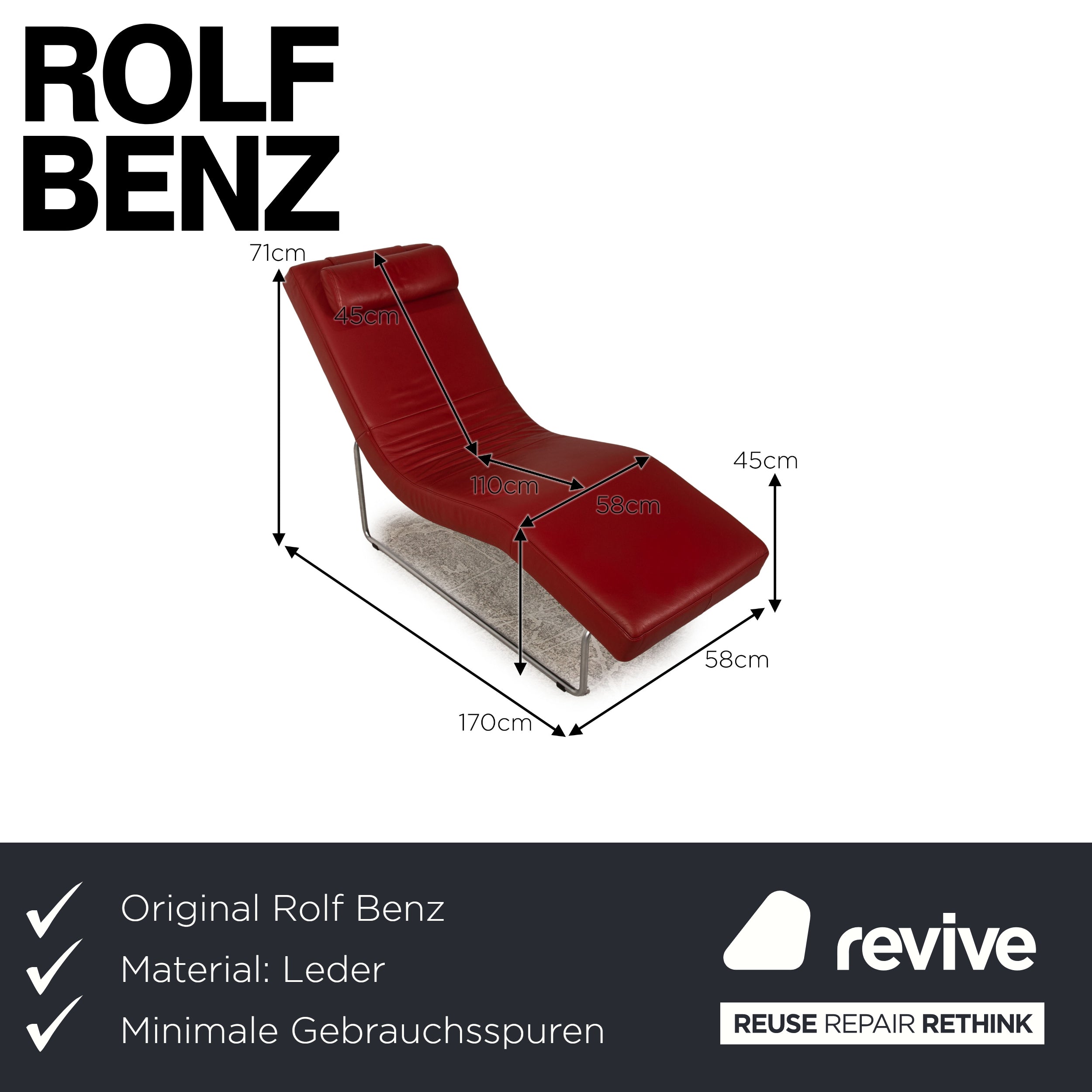 Rolf Benz 680 Chaise longue en cuir Rouge Fonction