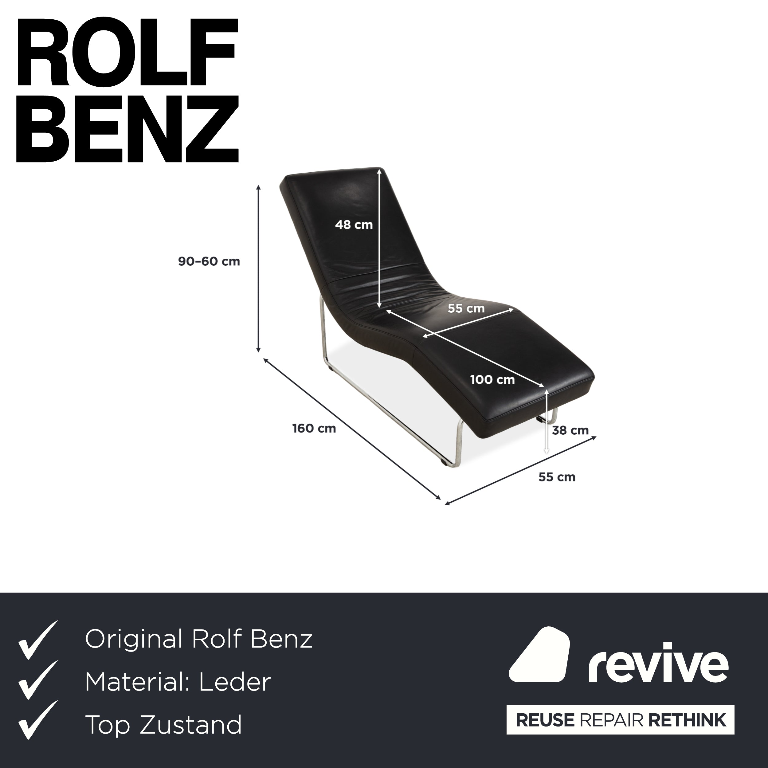 Rolf Benz 680 Leder Liege Schwarz manuelle Funktion