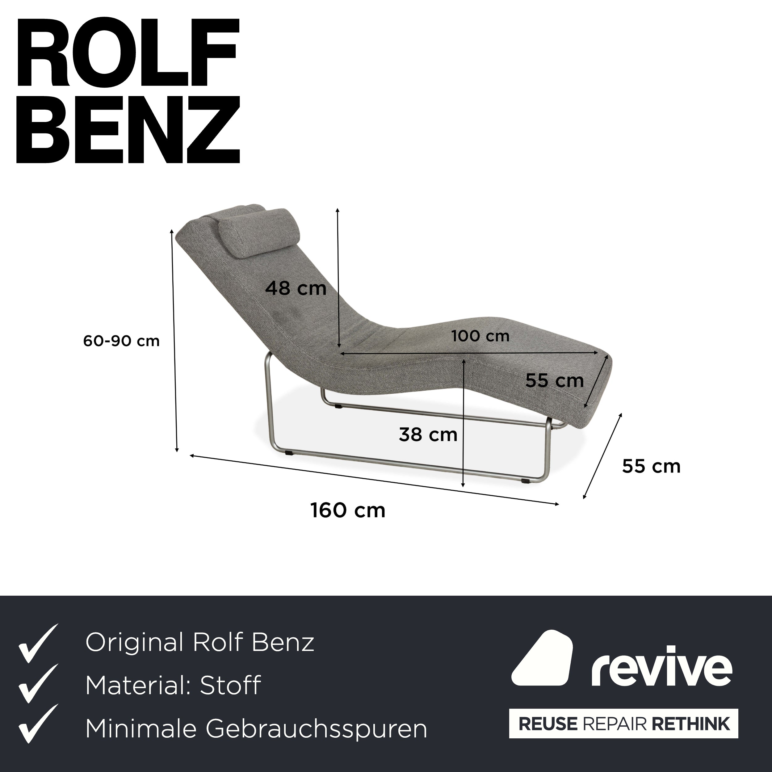 Chaise longue en tissu gris Rolf Benz 680 avec fonction manuelle