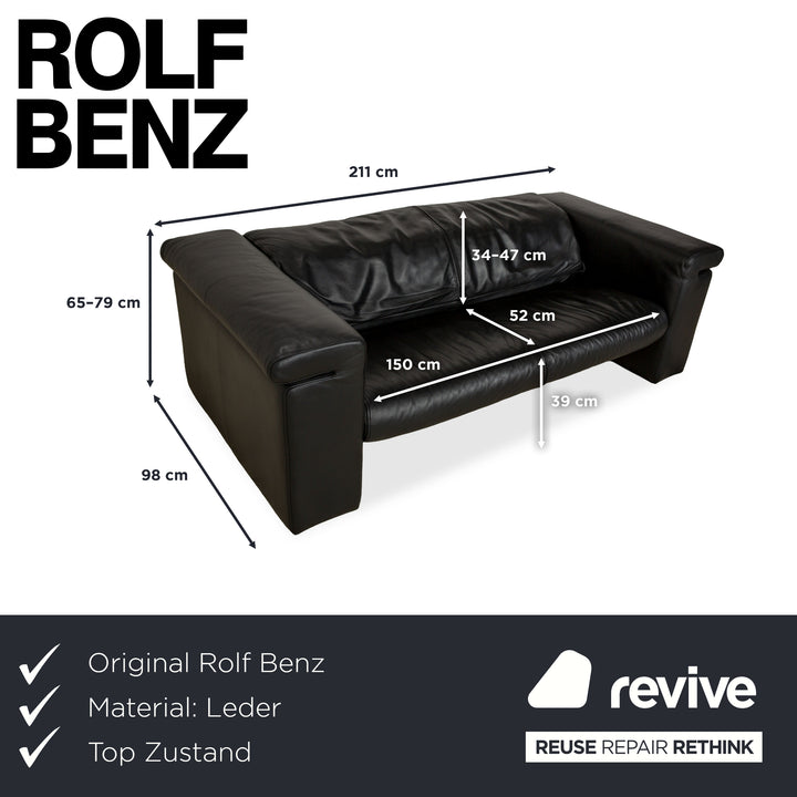 Rolf Benz 6800 Leather Three-Seater Black Manual Function Sofa Couch