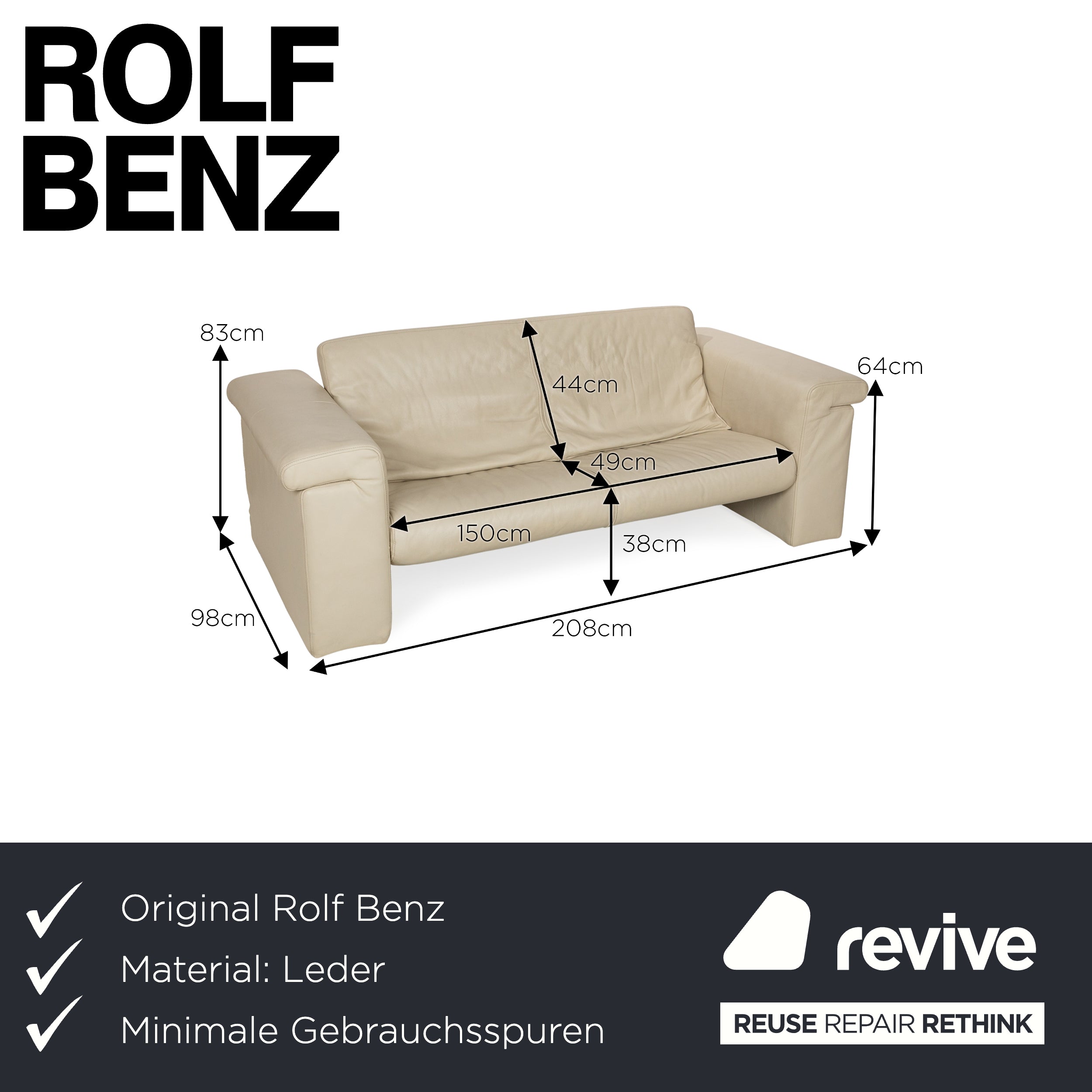 Rolf Benz 6800 Leder Zweisitzer Creme Sofa Couch