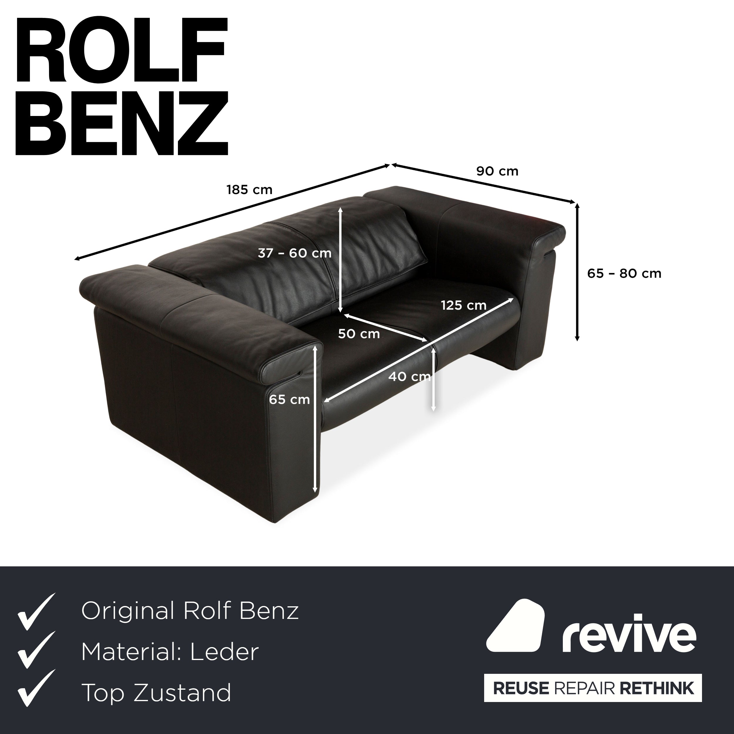 Rolf Benz 6800 Leder Zweisitzer Schwarz manuelle Funktion	Sofa Couch