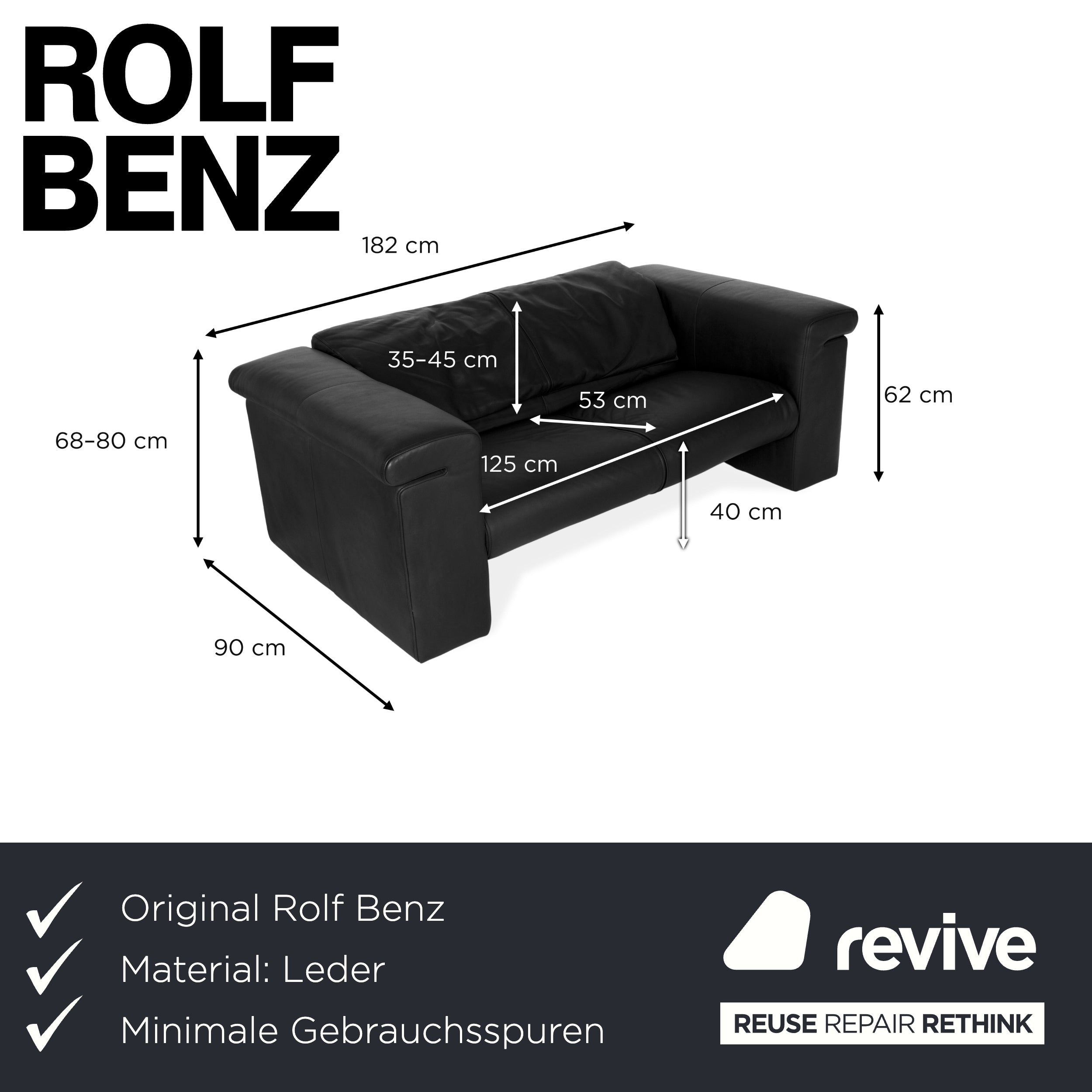 Canapé deux places en cuir noir Rolf Benz 6800