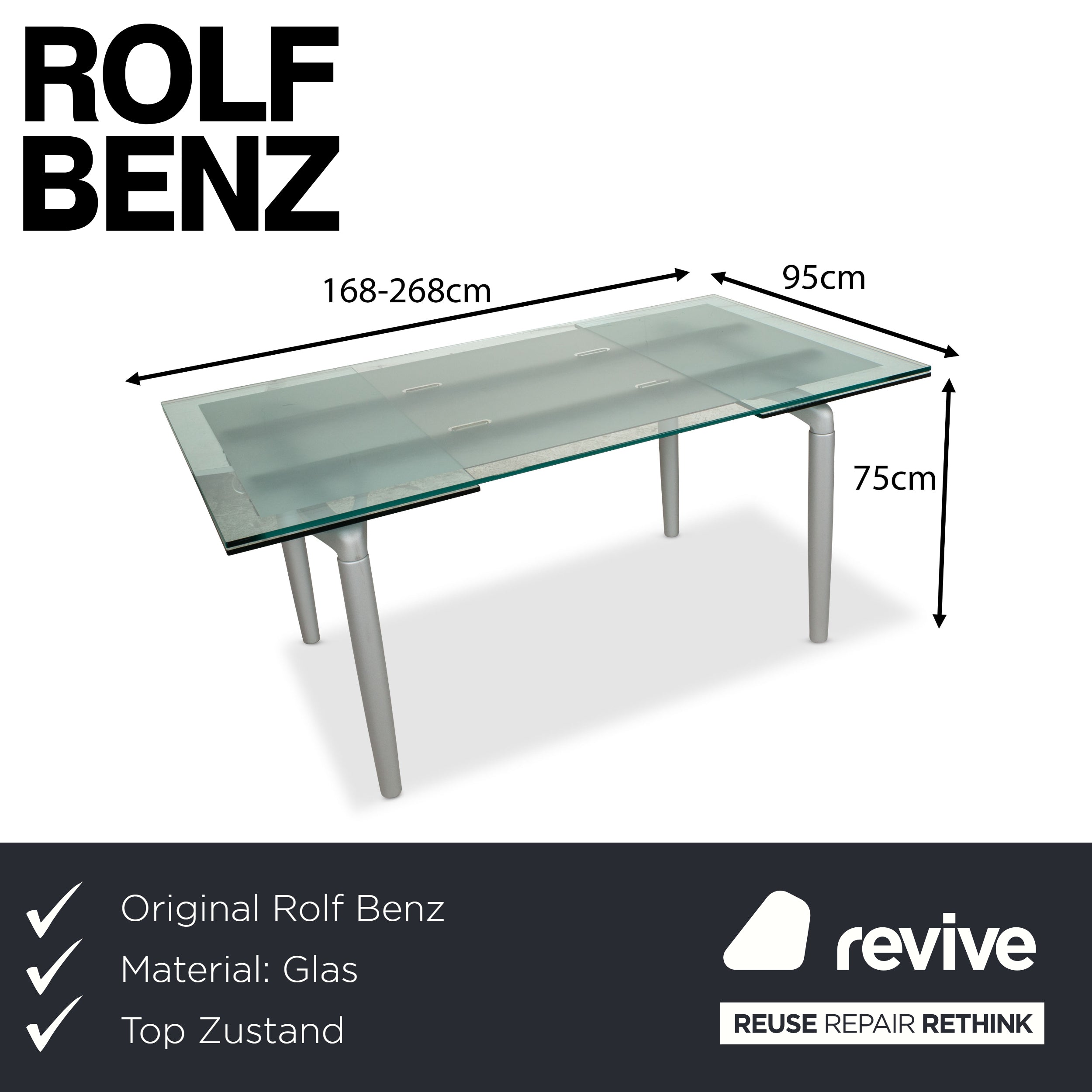 Rolf Benz 8170 Glas Silber Esstisch Ausziehfunktion
