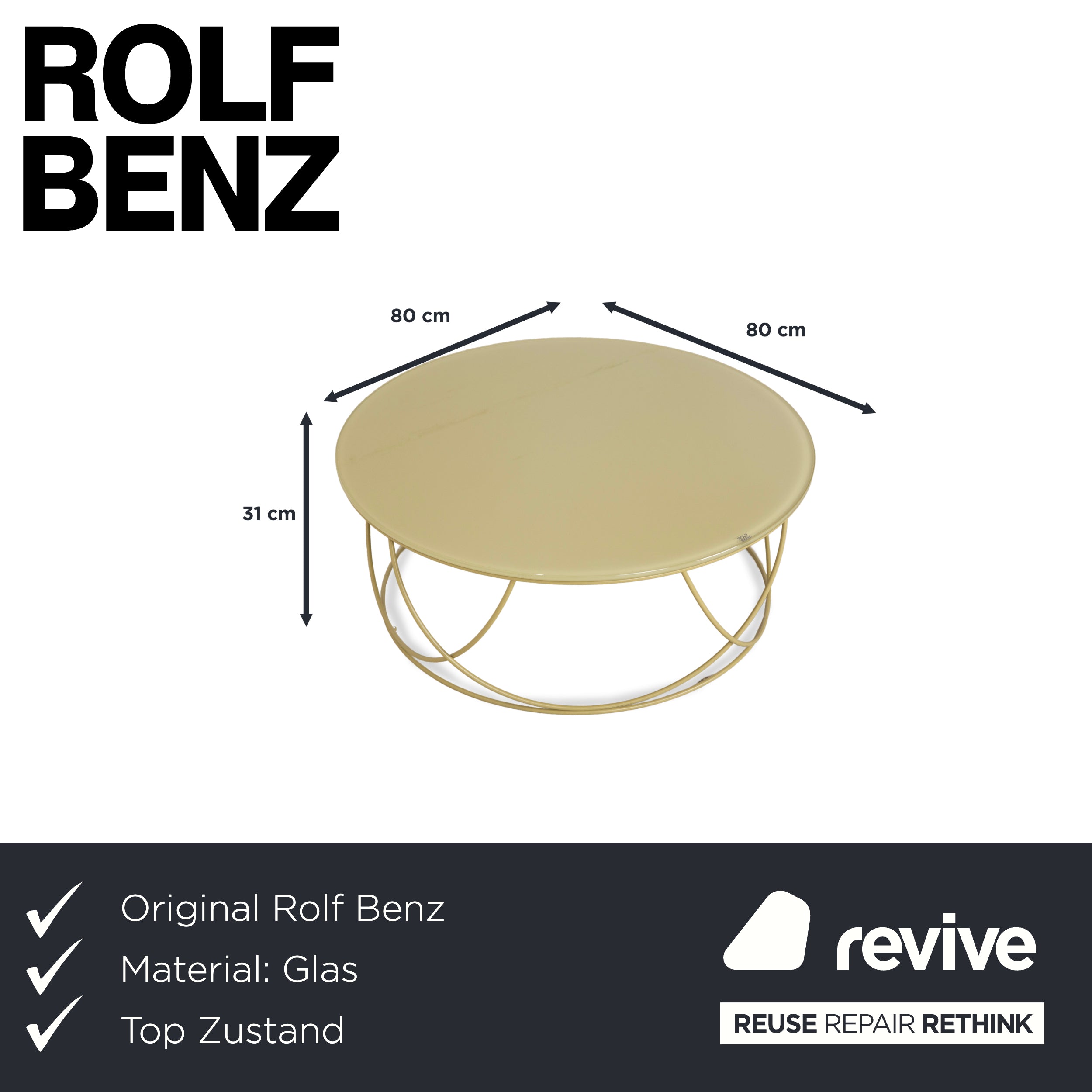 Table basse en verre vert olive Rolf Benz 8770 80 cm