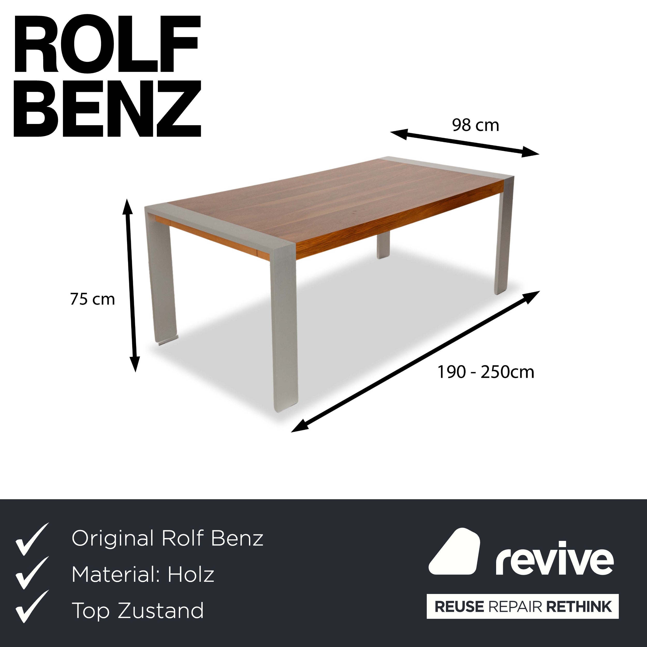 Rolf Benz 8922 Wooden Dining Table Brown Extension Function Manual Function 190-250 x 98 cm