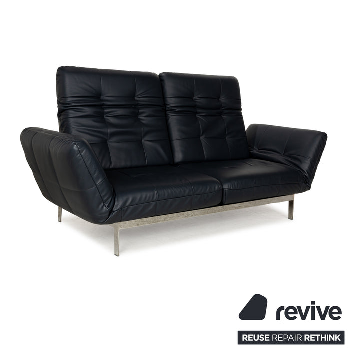 Rolf Benz Agio Leather Two-Seater Blue Relax Sofa Manual Function Couch Dark Blue Chrome