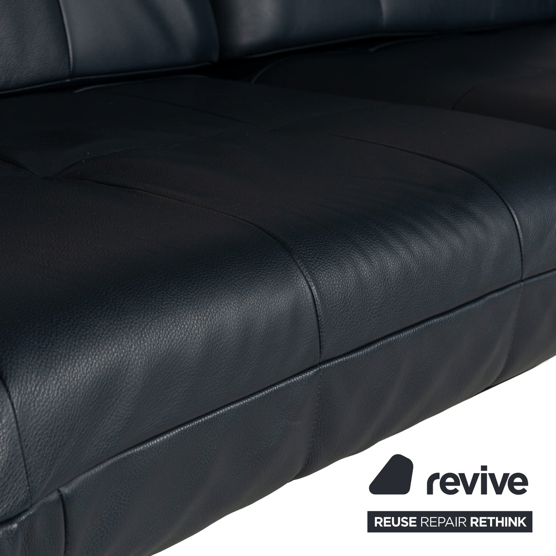 Rolf Benz Agio Leather Two-Seater Blue Relax Sofa Manual Function Couch Dark Blue Chrome