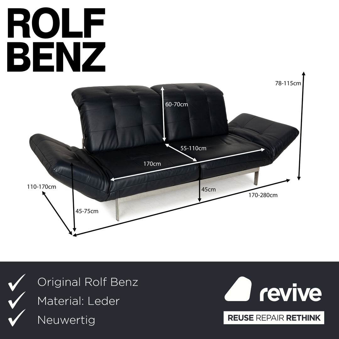 Rolf Benz Agio Leather Two-Seater Blue Relax Sofa Manual Function Couch Dark Blue Chrome