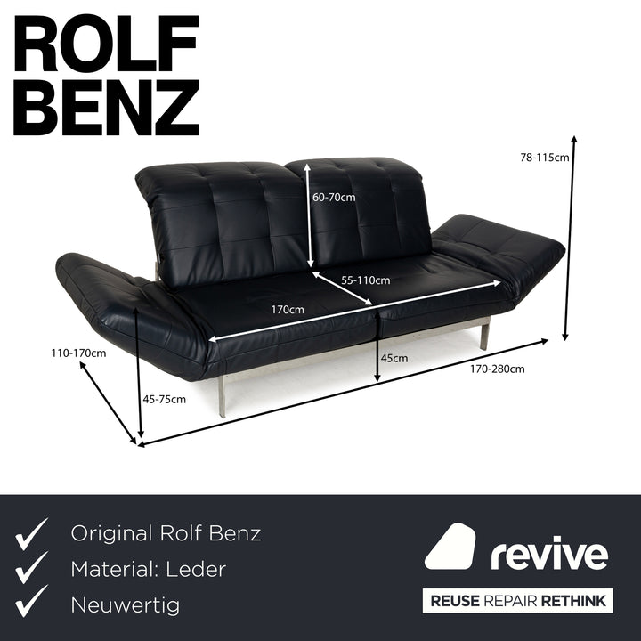 Rolf Benz Agio Leather Two-Seater Blue Relax Sofa Manual Function Couch Dark Blue Chrome