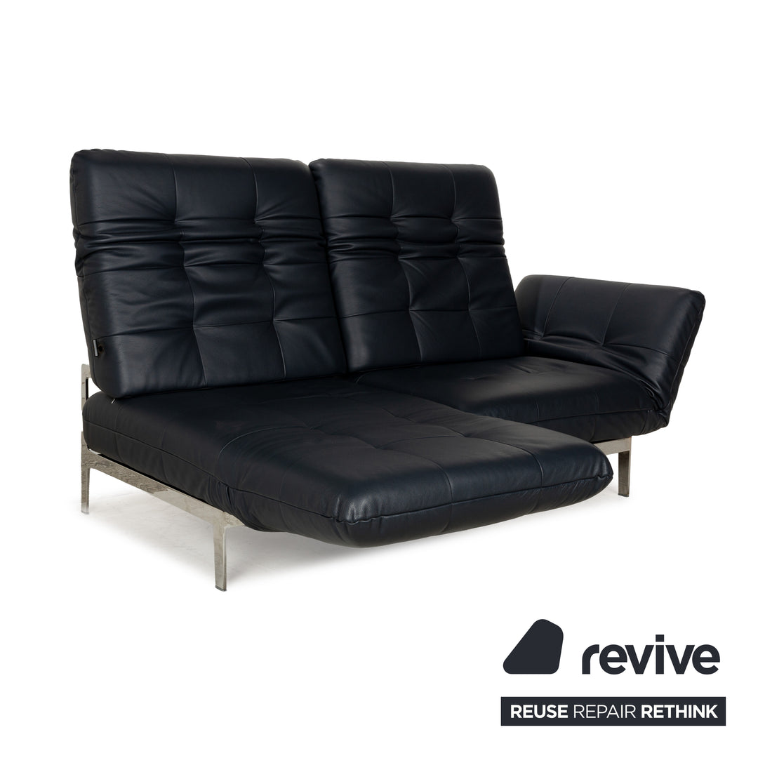 Rolf Benz Agio Leather Two-Seater Blue Relax Sofa Manual Function Couch Dark Blue Chrome