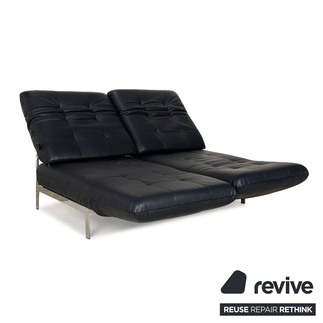 Rolf Benz Agio Leather Two-Seater Blue Relax Sofa Manual Function Couch Dark Blue Chrome