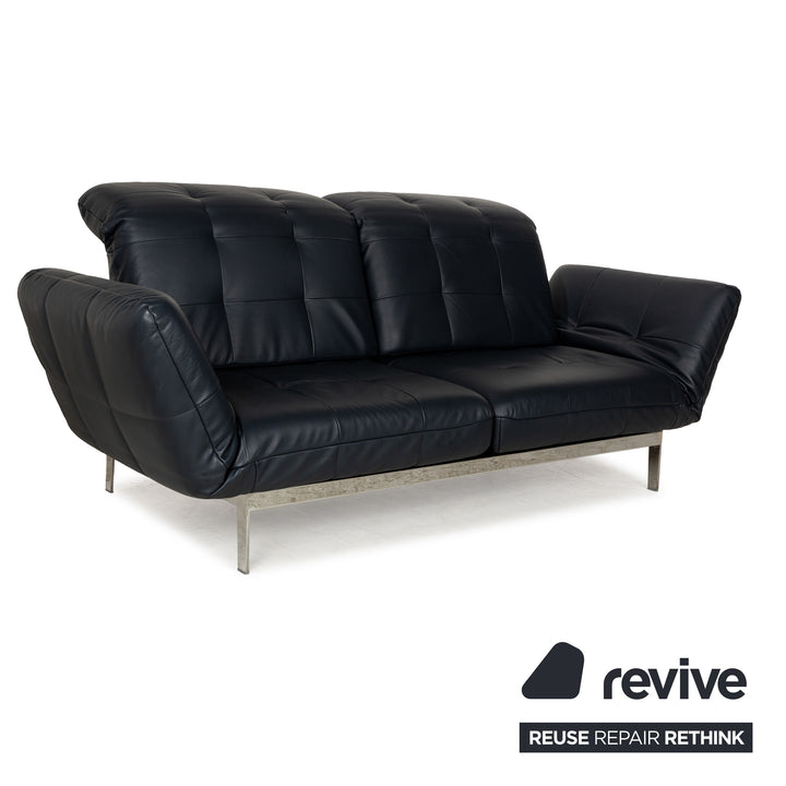 Rolf Benz Agio Leather Two-Seater Blue Relax Sofa Manual Function Couch Dark Blue Chrome