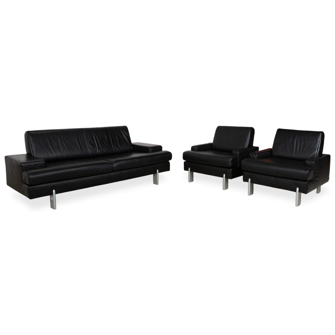 Rolf Benz AK 644 Leather Suite, Three-Seater, 2x Armchairs, Black Sofa