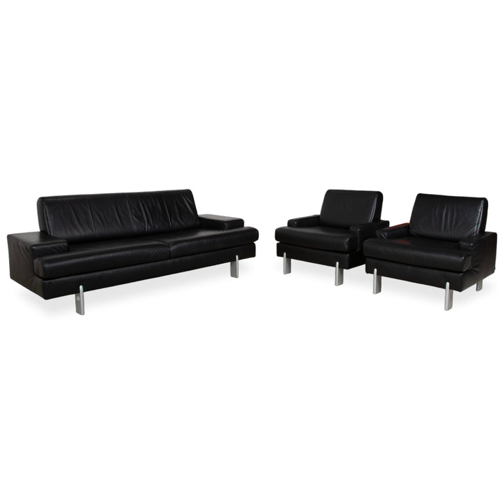 Rolf Benz AK 644 Garnitur Leder Dreisitzer 2x Sessel Schwarz Sofa Couch