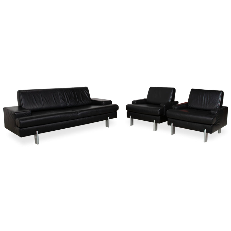 Rolf Benz AK 644 Garnitur Leder Dreisitzer 2x Sessel Schwarz Sofa Couch