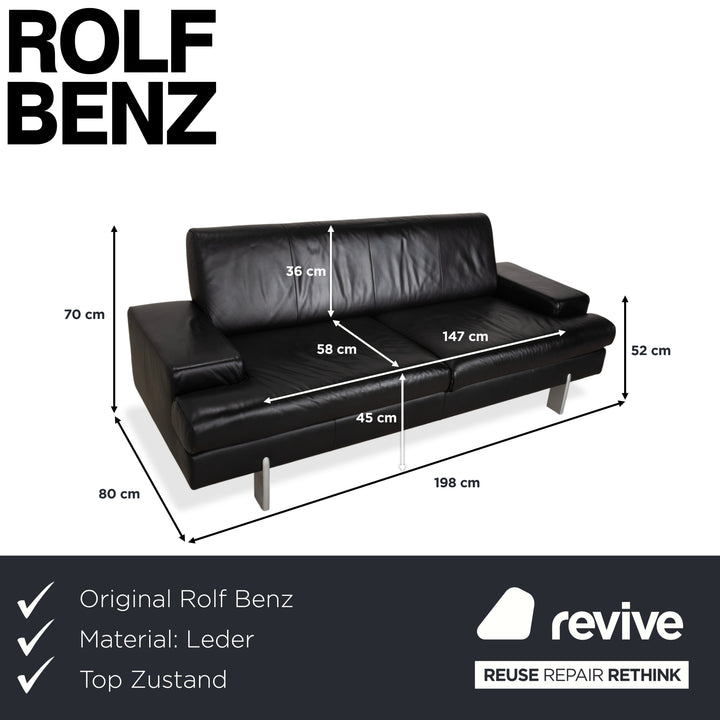 Rolf Benz AK 644 Leather Three Seater Black Sofa Couch