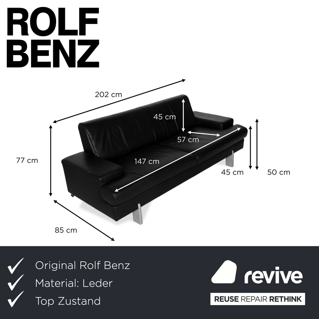 Rolf Benz AK 644 Leather Three Seater Black Sofa Couch