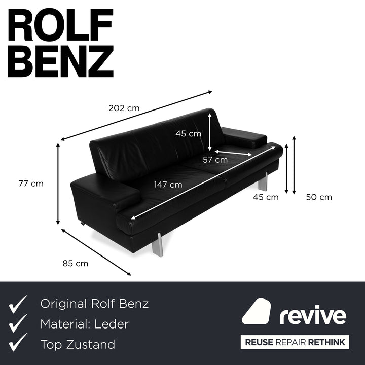 Rolf Benz AK 644 Leather Three Seater Black Sofa Couch