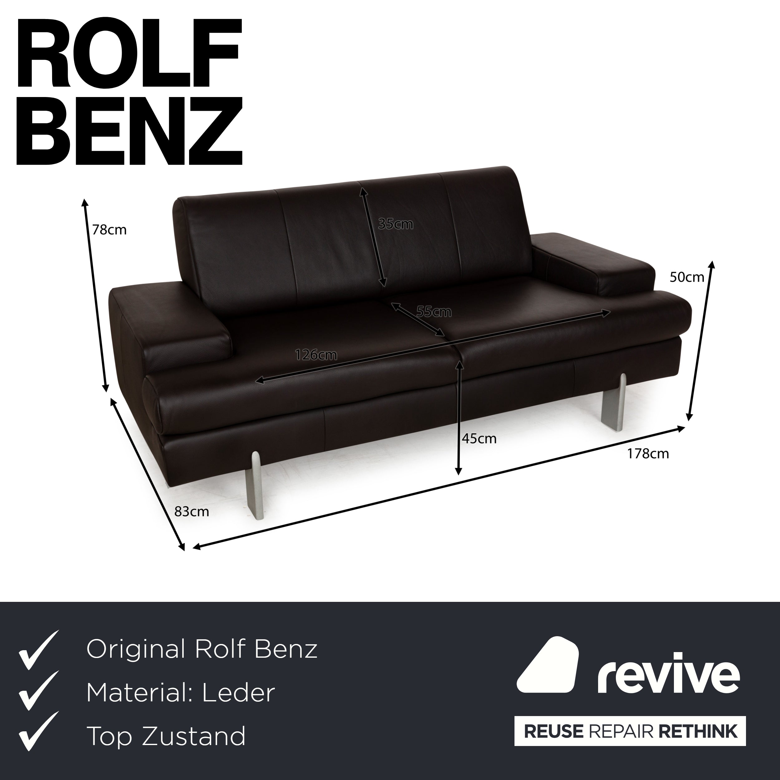 Rolf Benz AK 644 Leather Two-Seater Brown Sofa Couch