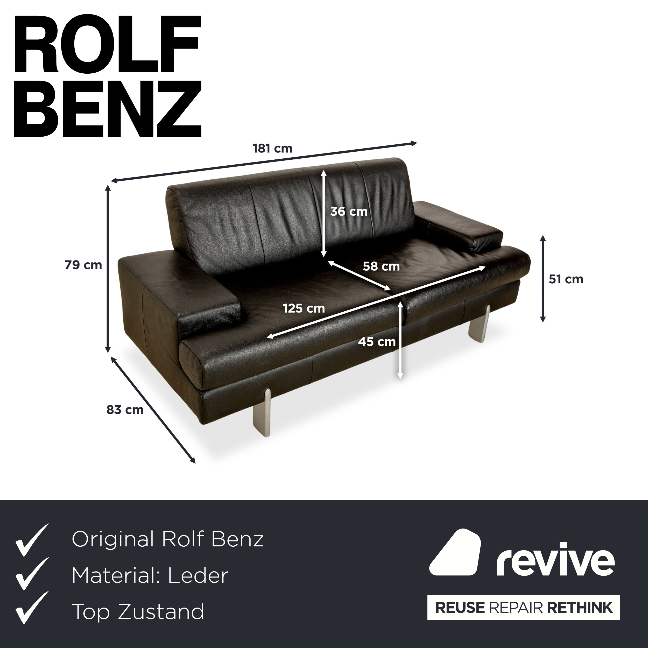 Rolf Benz AK 644 Canapé deux places en cuir noir