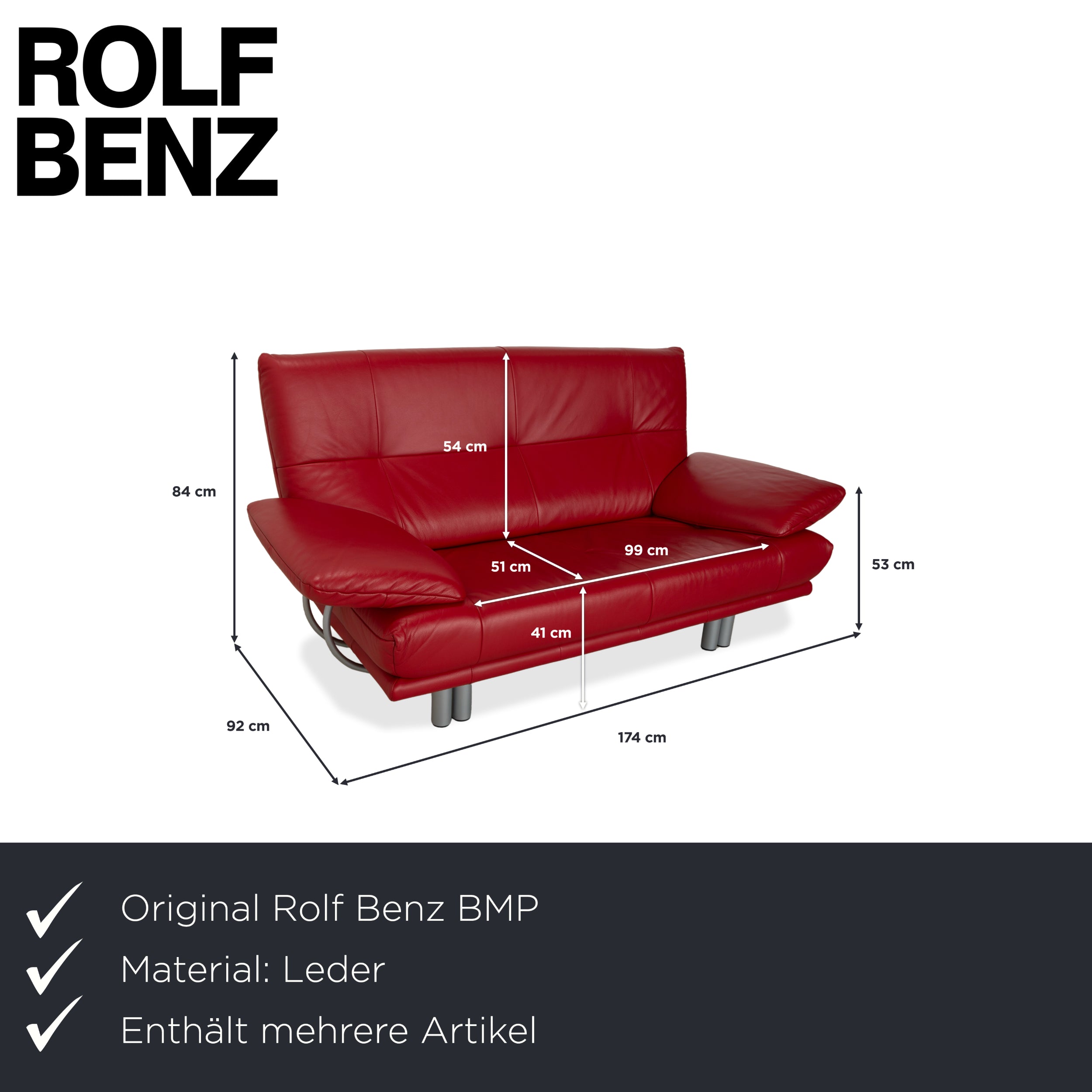 Rolf Benz BMP 418 Leder 2x Zweisitzer Sessel Rot Sofa Couch