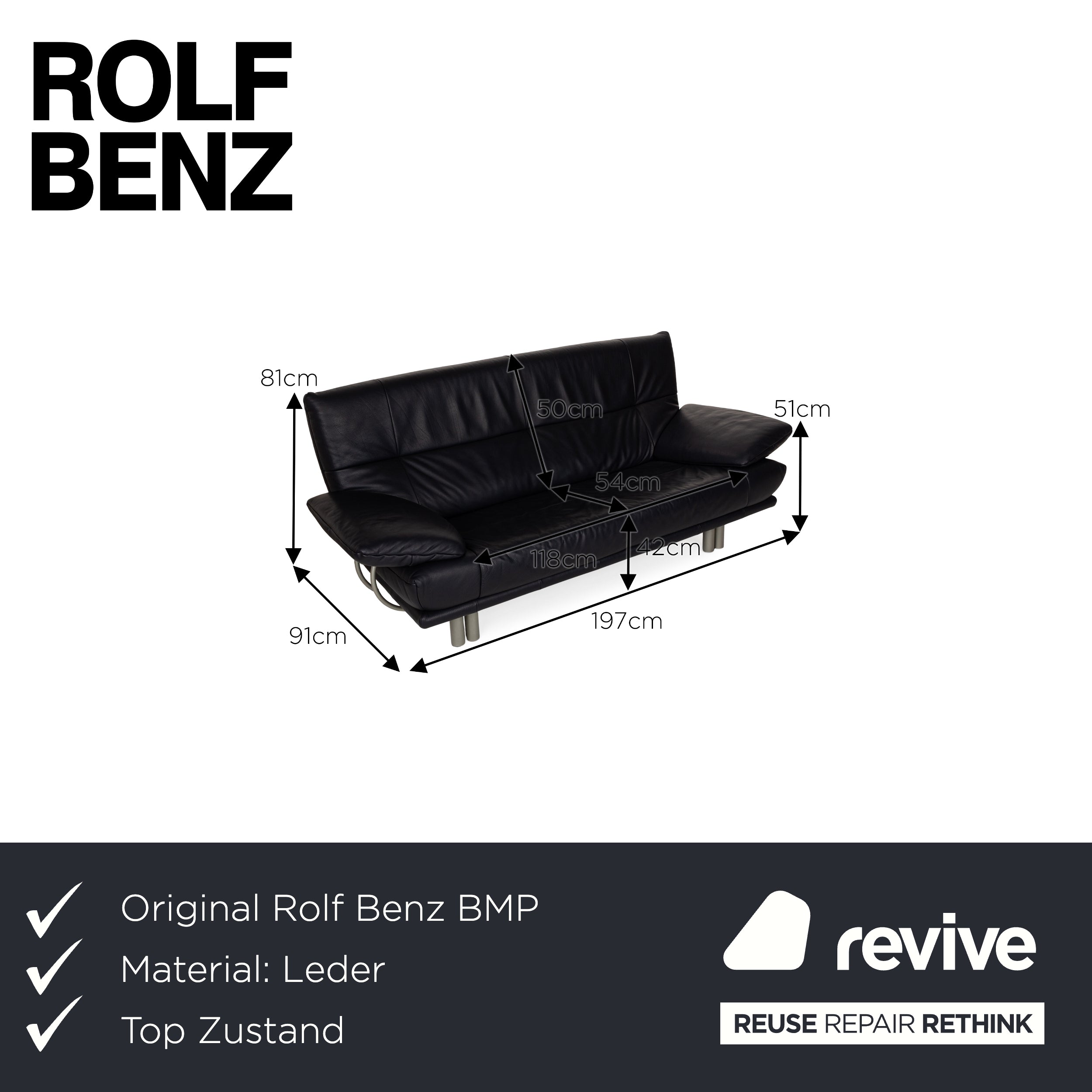 Rolf Benz BMP 418 Leder Dreisitzer Blau Sofa Couch