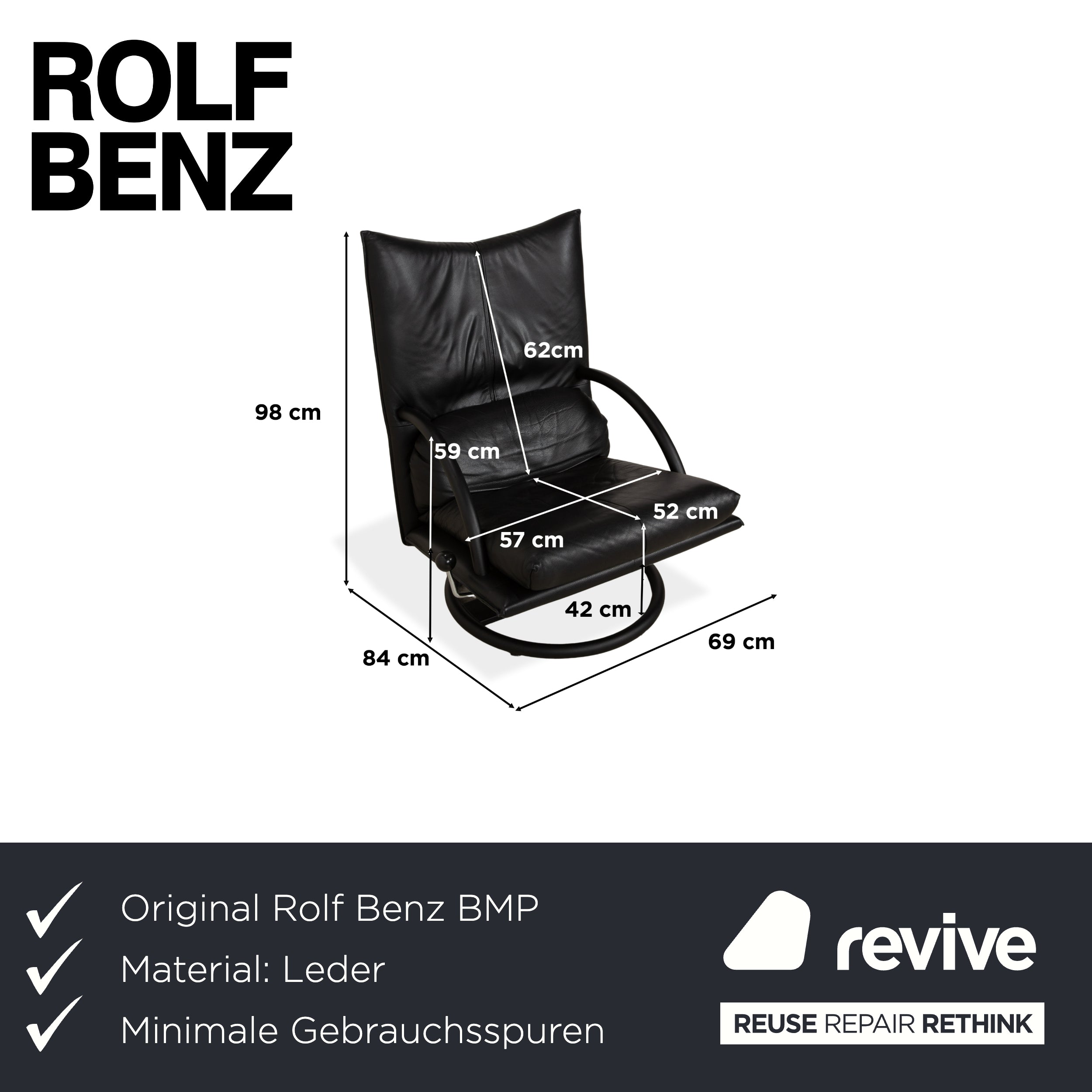 Fauteuil en cuir noir Rolf Benz BMP 418