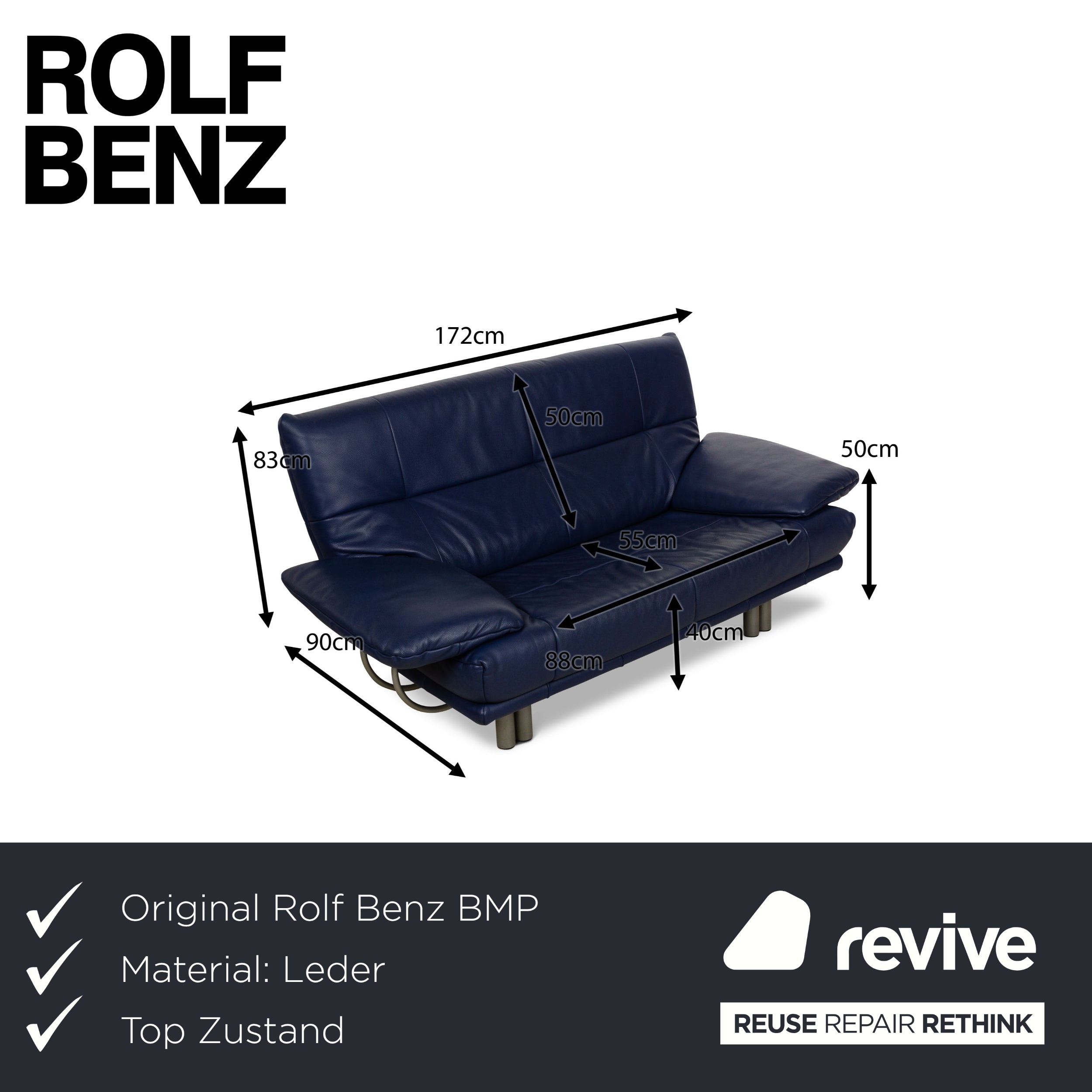 Rolf Benz BMP 418 Leather Two-Seater Blue Sofa Couch