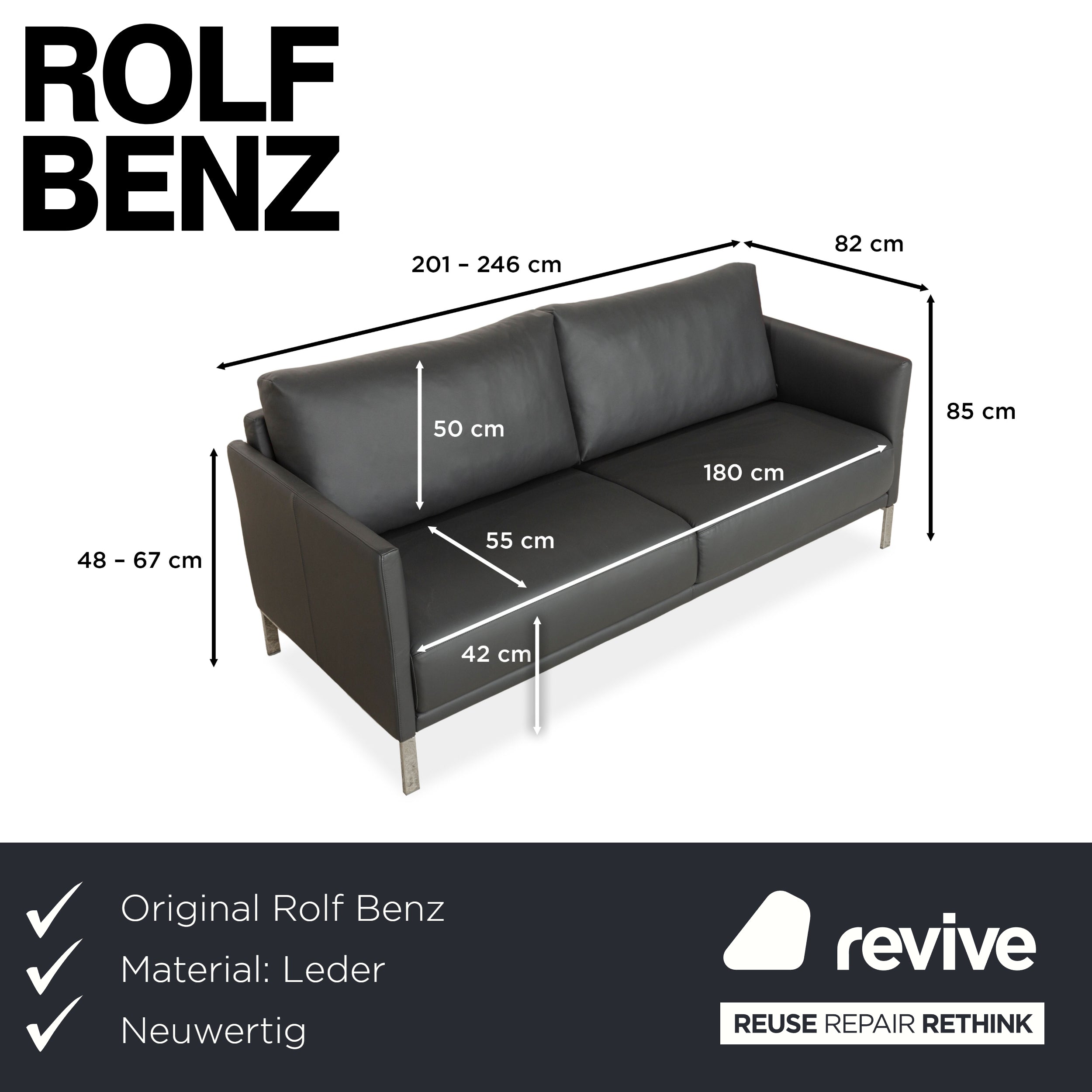 Rolf Benz Cara Leder Zweisitzer Dunkelgrau manuelle Funktion Sofa Couch