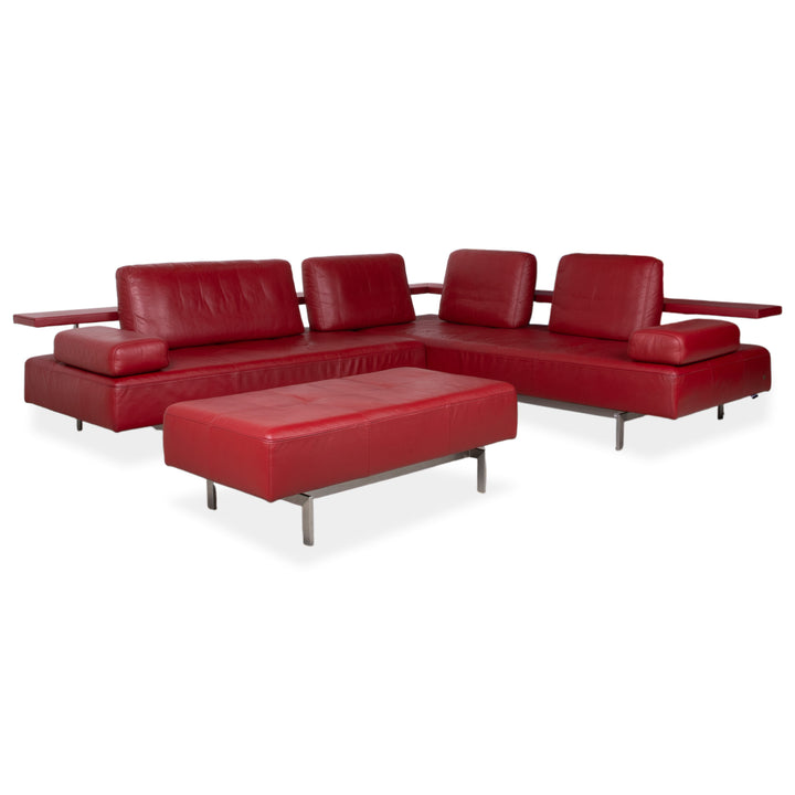 Rolf Benz Dono 6100 Ensemble cuir canapé d'angle pouf rouge fonction manuelle