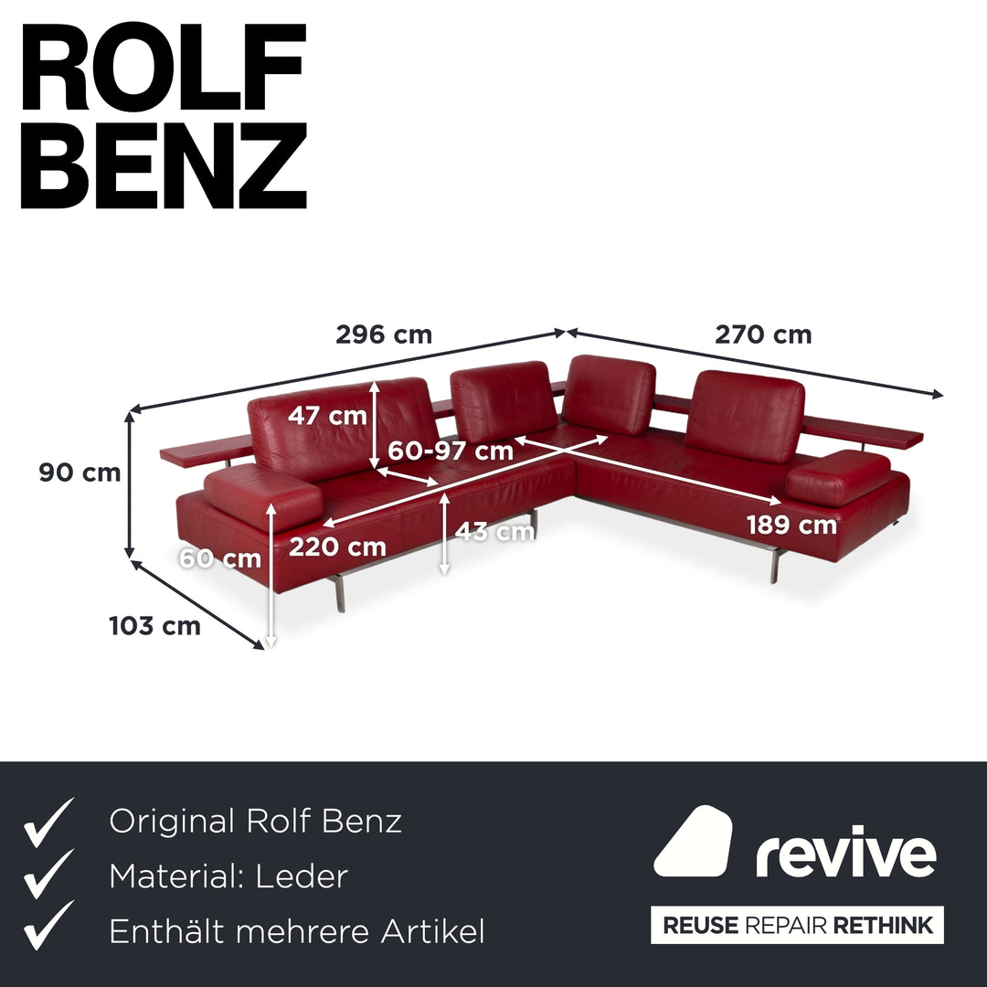 Rolf Benz Dono 6100 Ensemble cuir canapé d'angle pouf rouge fonction manuelle