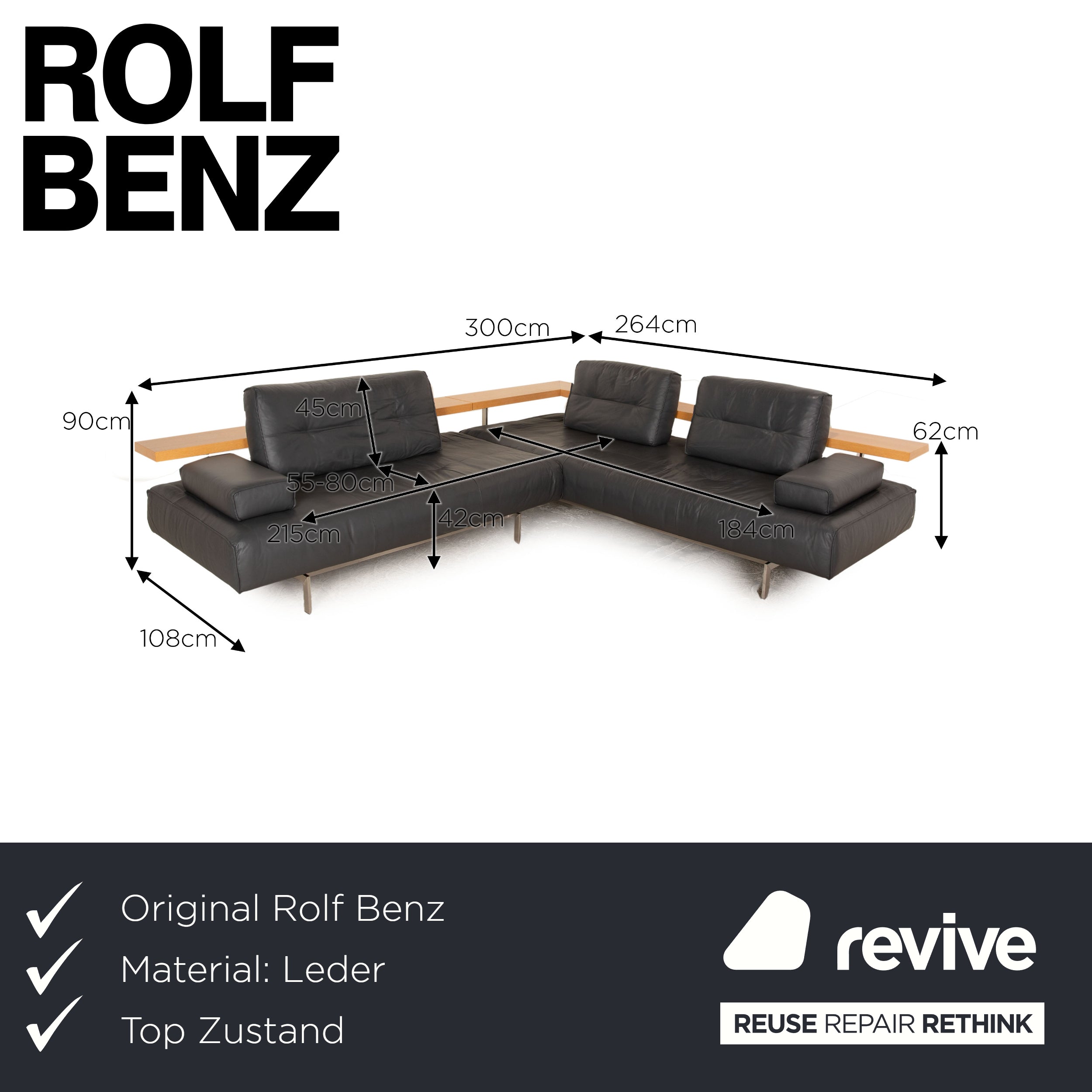 Rolf Benz Dono 6100 Leder Ecksofa Grau Anthrazit Recamiere Links manuelle Funktion